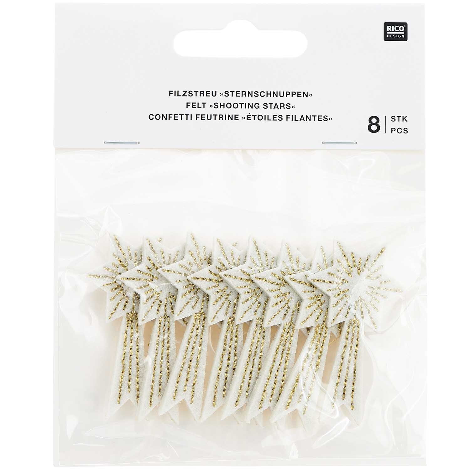 Filzstreu Sternschnuppen weiß-gold bestickt 5x3,7cm 8 Stück Filzstreu Sternschnuppen weiß-gold bestickt 5x3,7cm 8 Stück