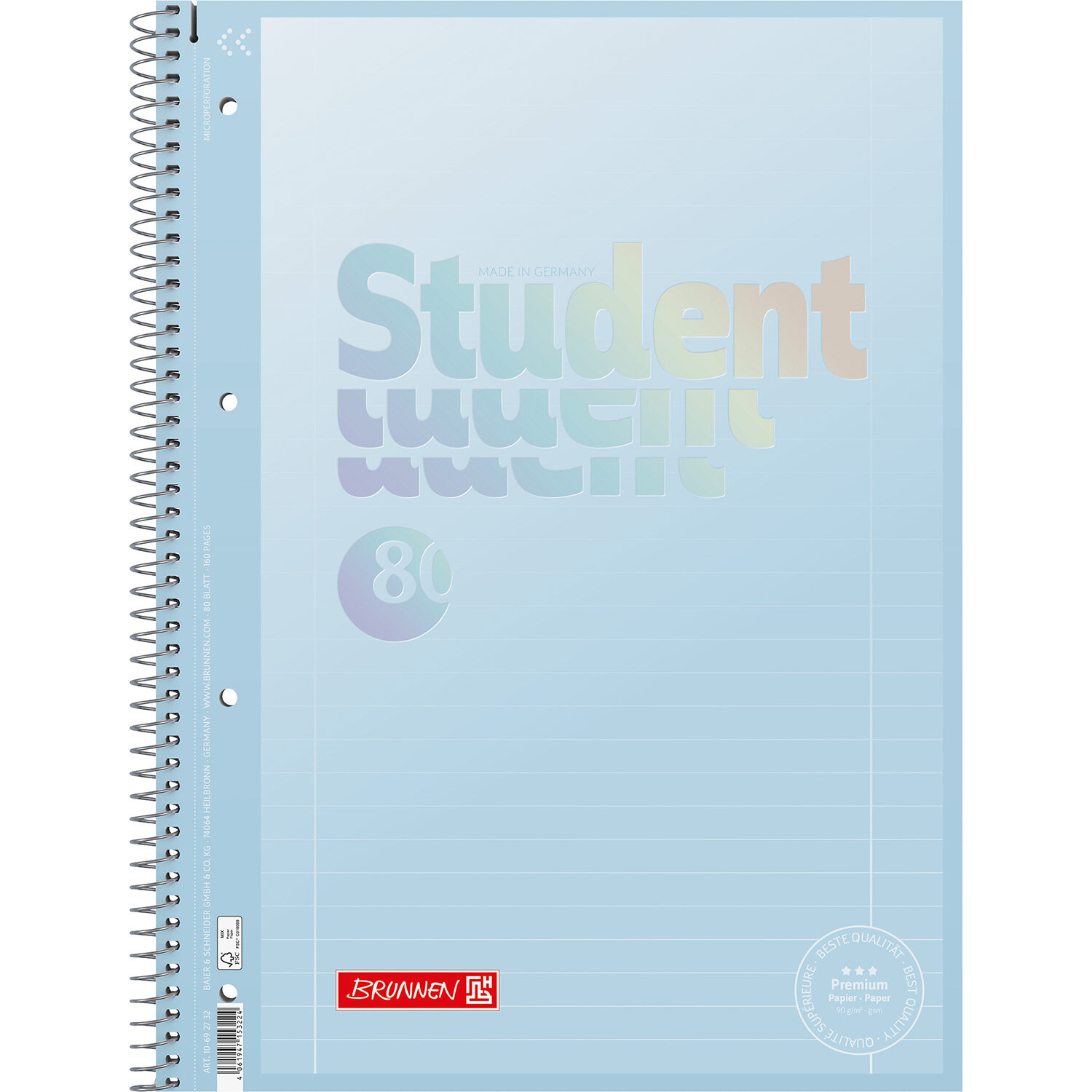 Collegeblock Pastell Blau liniert 90g mit stabilem Spiralrand von Brunnen, A4-Format mit 80 Blatt, dezentes Deckblattdesign für Schule und Büro