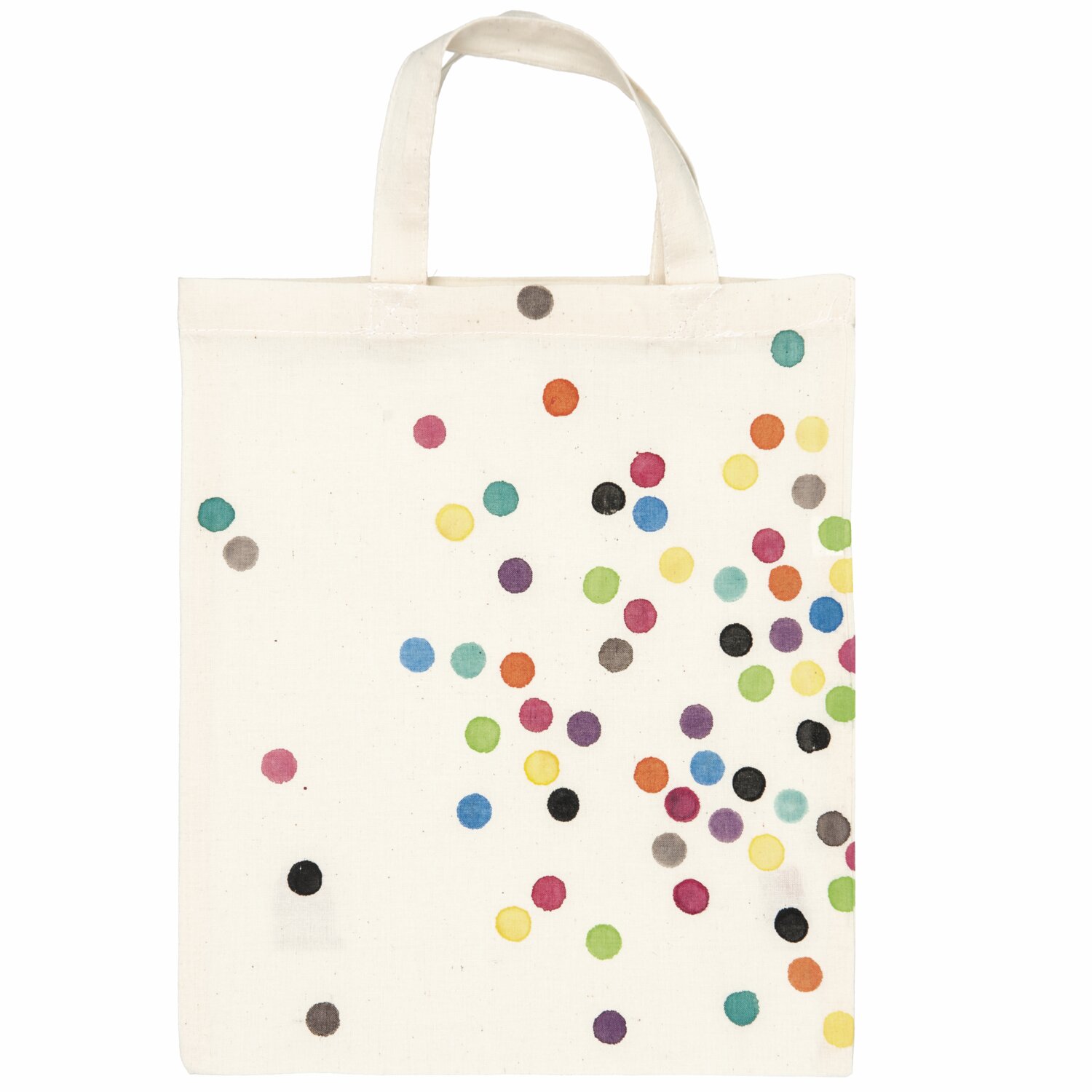 Textilfarben basic 6x40ml: Bunte Punkte auf einer weißen Stofftasche, gestaltet mit Textilfarben.