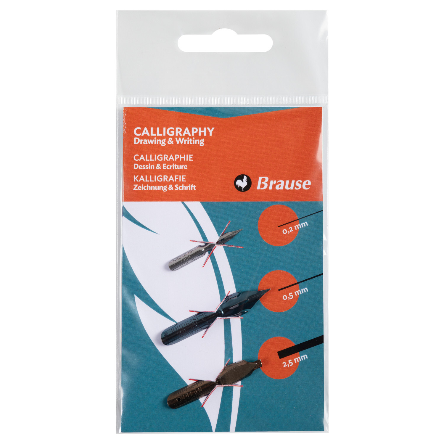 Kalligrafiefedern Set Zeichnung und Schrift, 3-teilig, von Brause. Enthält Federn in 0,2 mm, 0,5 mm und 2,5 mm. Ideal für präzise Kalligrafiearbeiten.