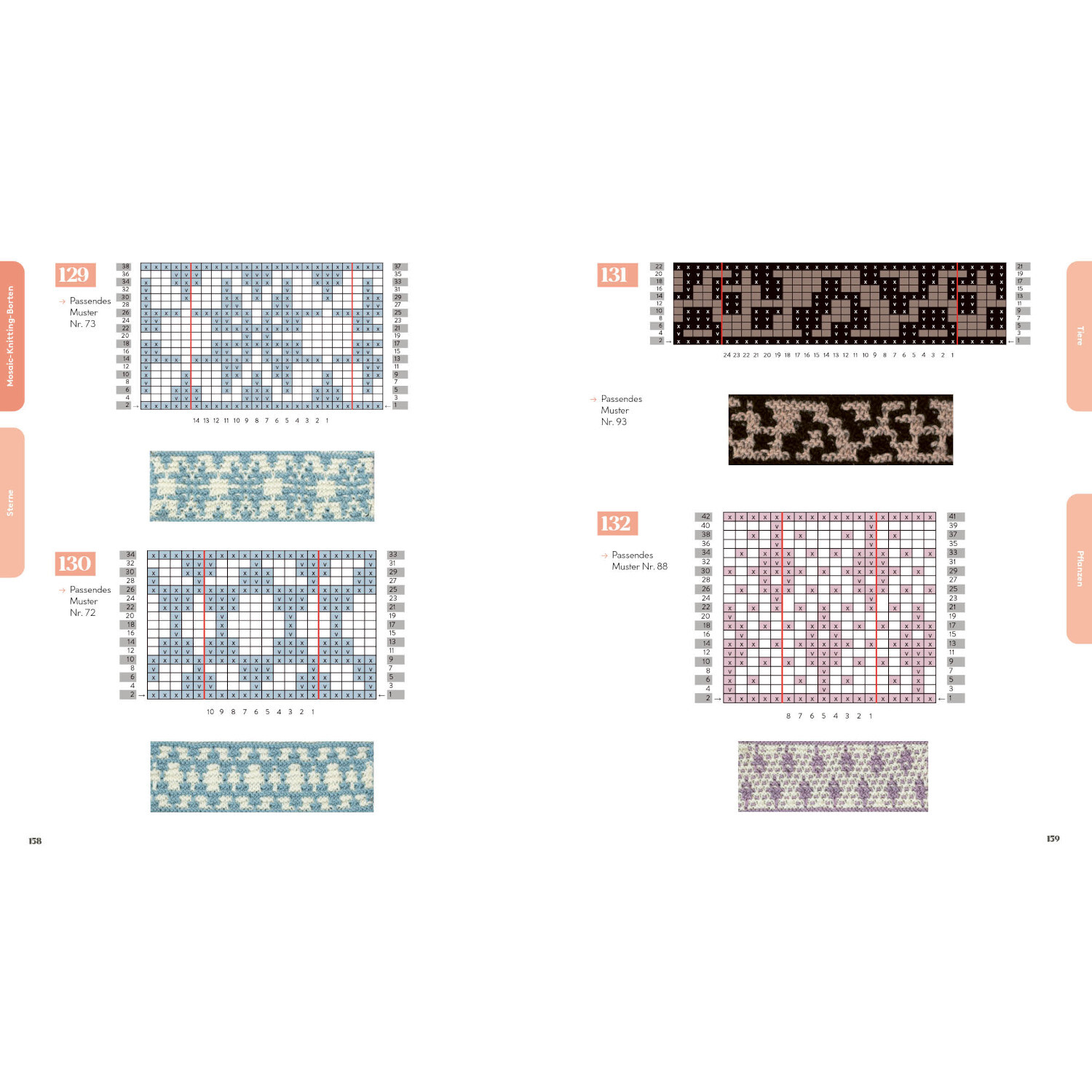 Strickmusterbibel - Hebemaschen: Verschiedene Strickmuster in Blau und Rosa auf zwei Seiten.