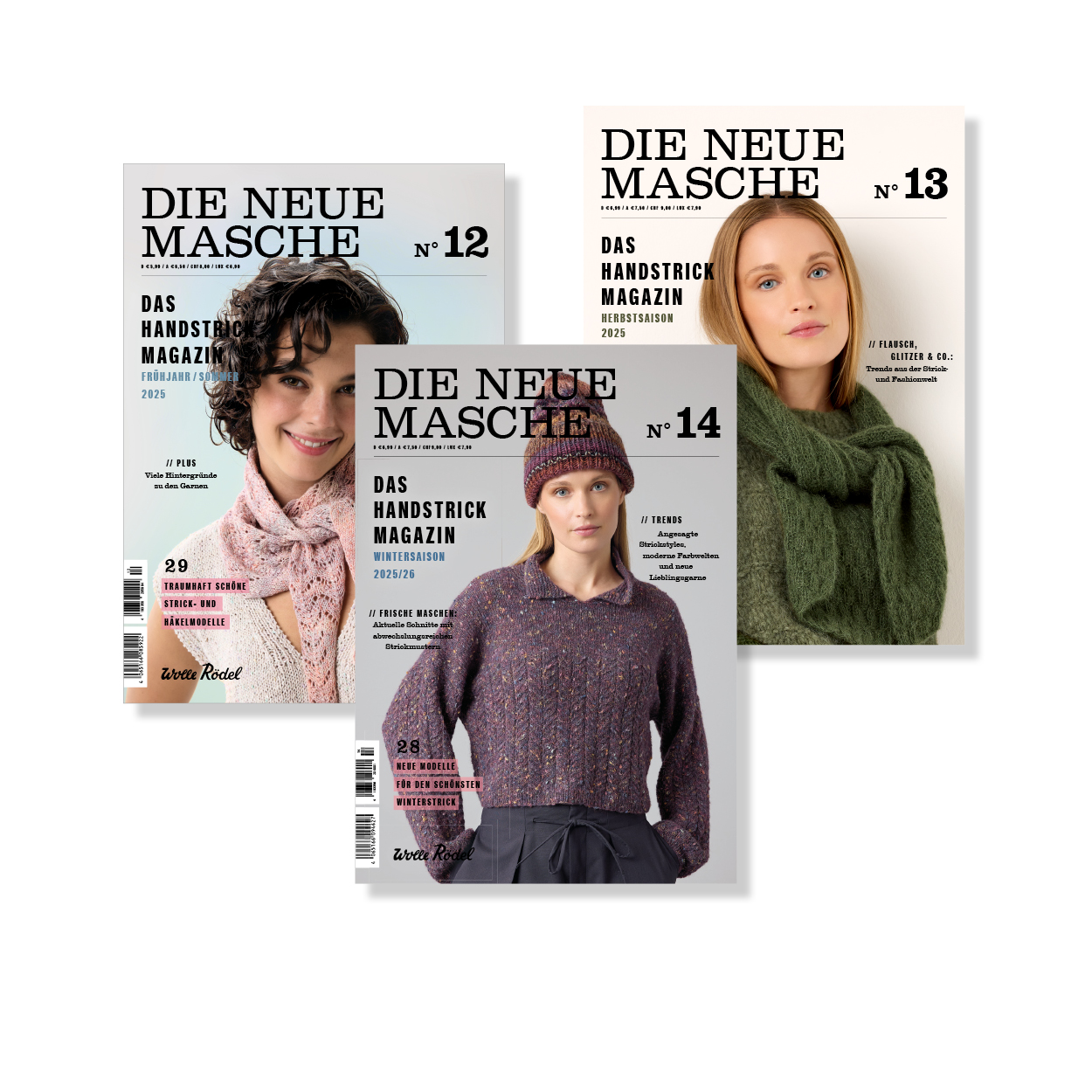 Die Anleitungshefte Die Neue Masche No. 12, 13 und 14 leicht übereinandergelegt. Flatlay von Produkten.