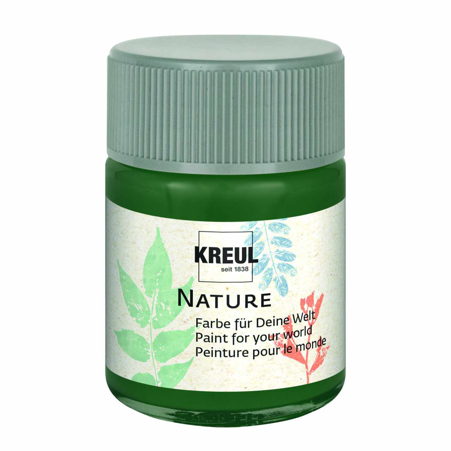 Nature 50ml Farbe von KREUL in einem Glas mit grünem Deckel, dekoriert mit Blättermotiven.