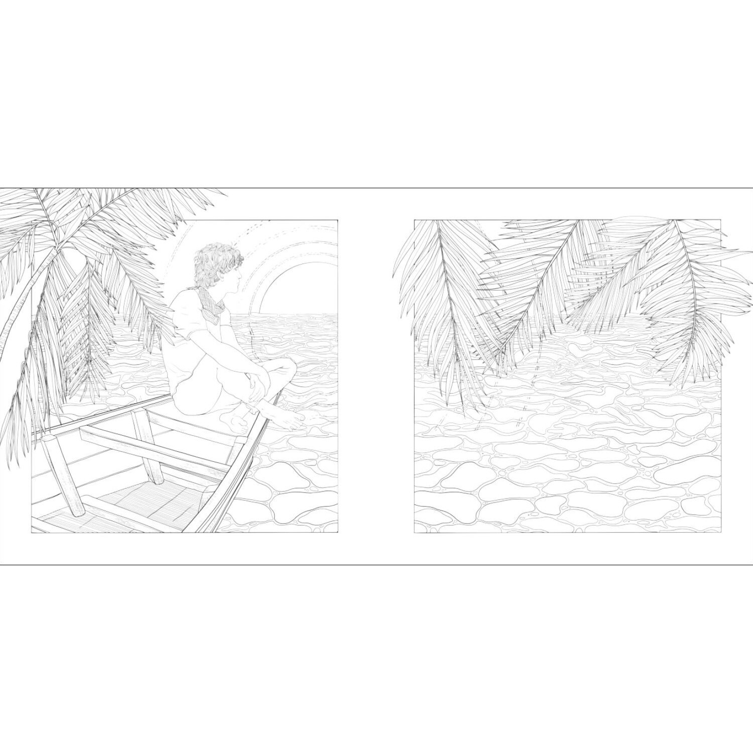 Mindful Moments - Ein atmosphärisches Ausmalbuch für Erwachsene zeigt ein Boot unter Palmen.