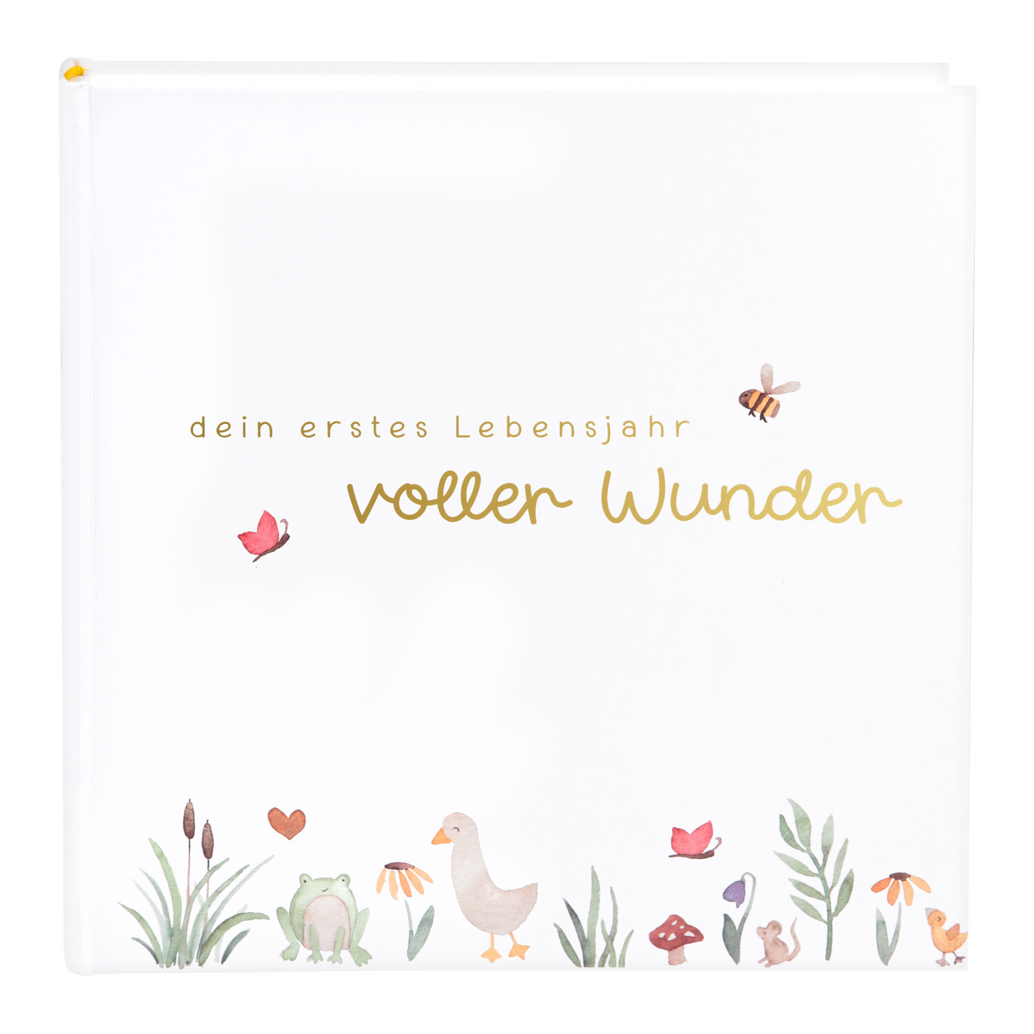 Babyalbum voller Wunder Wiese 58 Seiten, weiß, 30x31cm. Zarte Tier- und Pflanzenmotive zieren das Cover. Ideal für Erinnerungen im ersten Lebensjahr.
