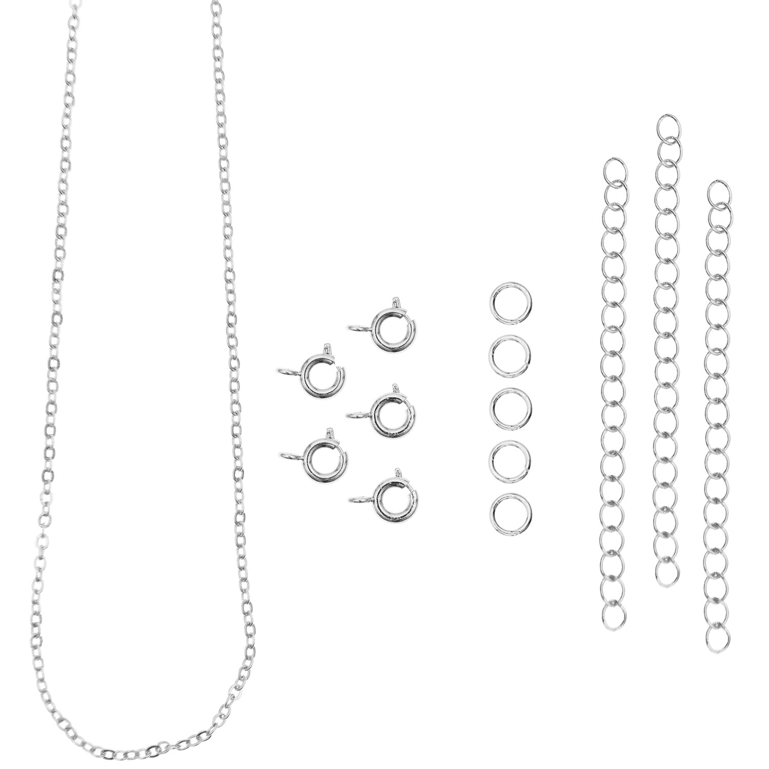 Federring-Verschlüsse und Ketten silber, 14-teiliges Schmuckzubehör von Rico Design mit Kette, Verlängerungsketten und runden Verschlüssen für DIY-Halsketten