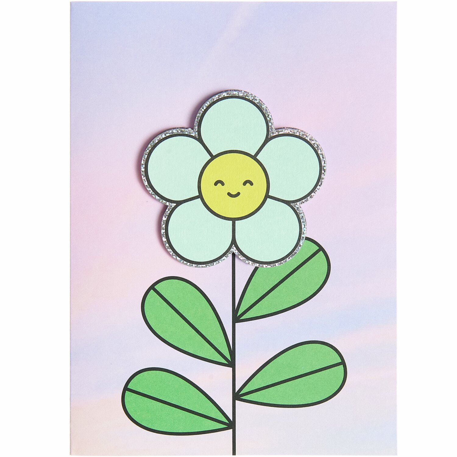 Paper Poetry 3D-Kartenset Chingu zeigt eine lächelnde Blume mit grünen Blättern auf pastellfarbenem Hintergrund.