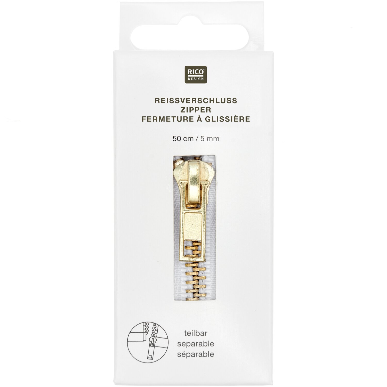 Metall Reißverschluss 5mm Gold/Offwhite Länge 50cm von Rico Design