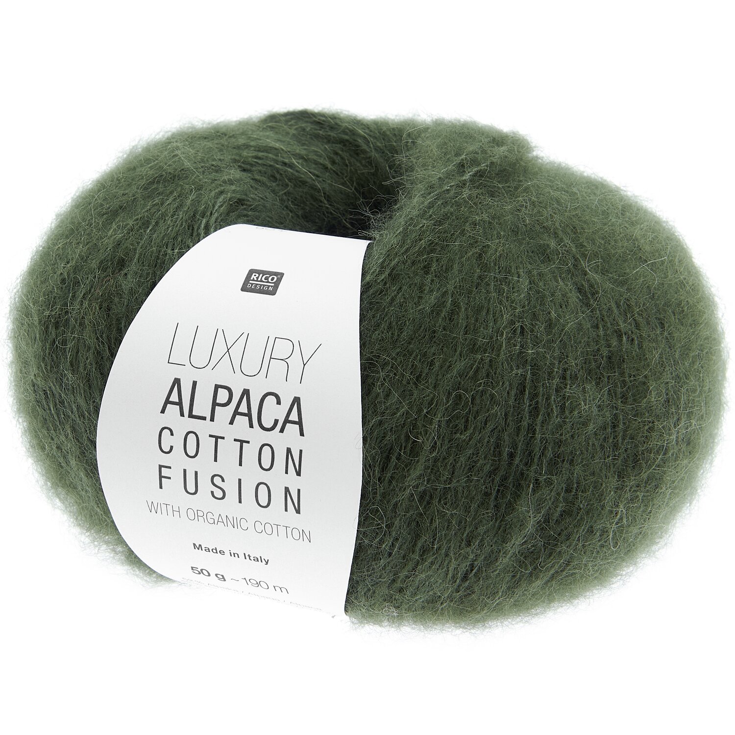 Strickset Weste Modell 14a aus Lovewool No. 21 von Rico Design Luxury Alpaca Cotton Fusion, olivgrünes Garn von Rico Design, ideal für Strickprojekte.