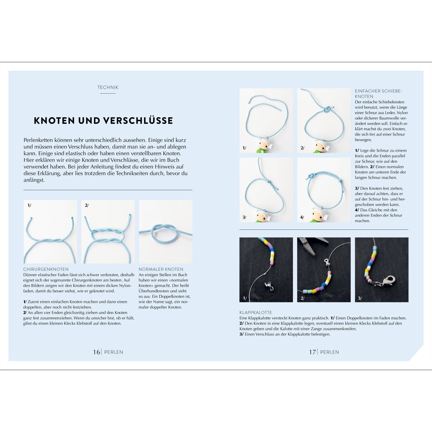 Knoten und Verschlüsse: Anleitung mit Bildern zur Herstellung von Schmuck mit blauen Schnüren und bunten Perlen.