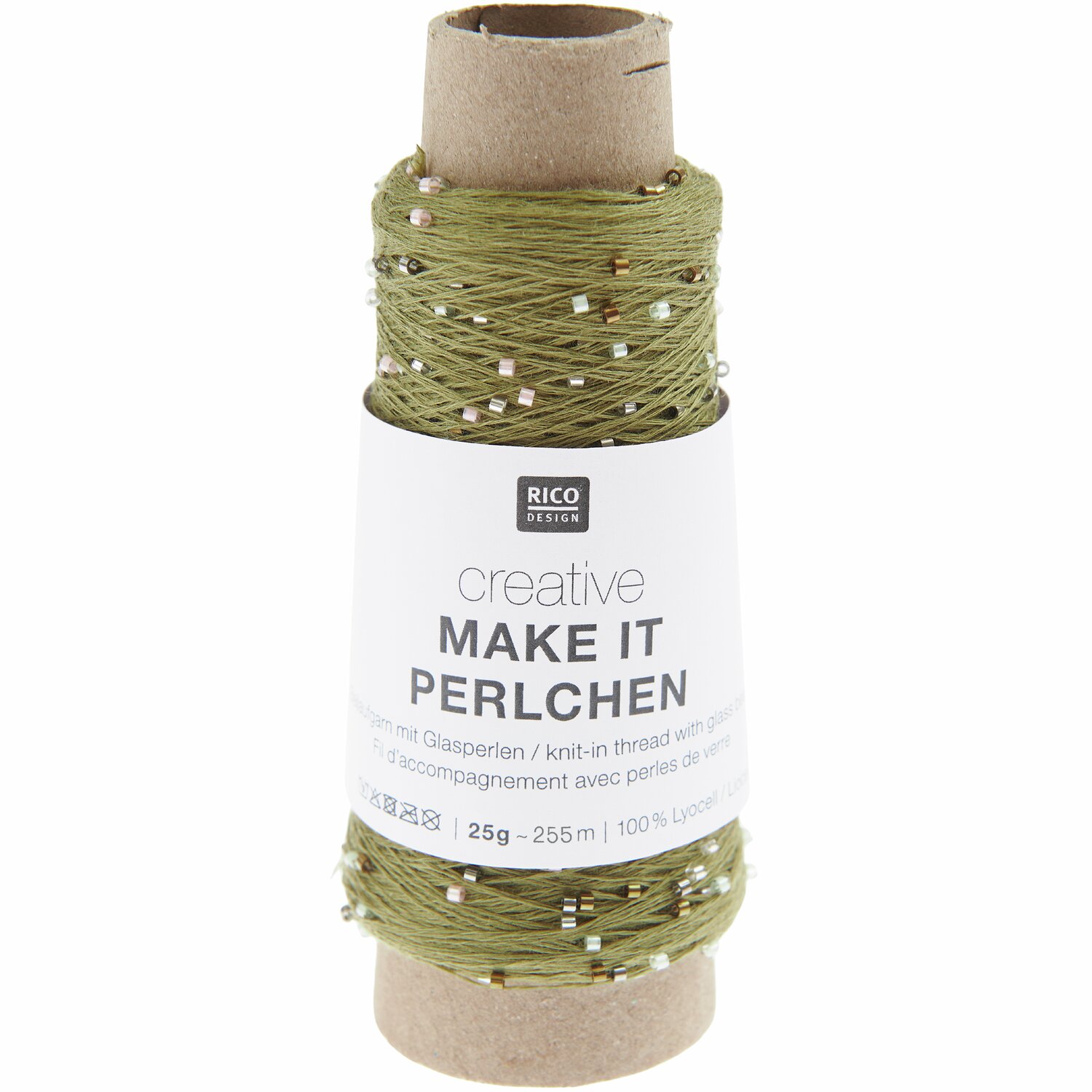 Creative Make It Perlchen: Olivin-farbener Garn mit Glasperlen, 25g 255m, von Rico Design.
