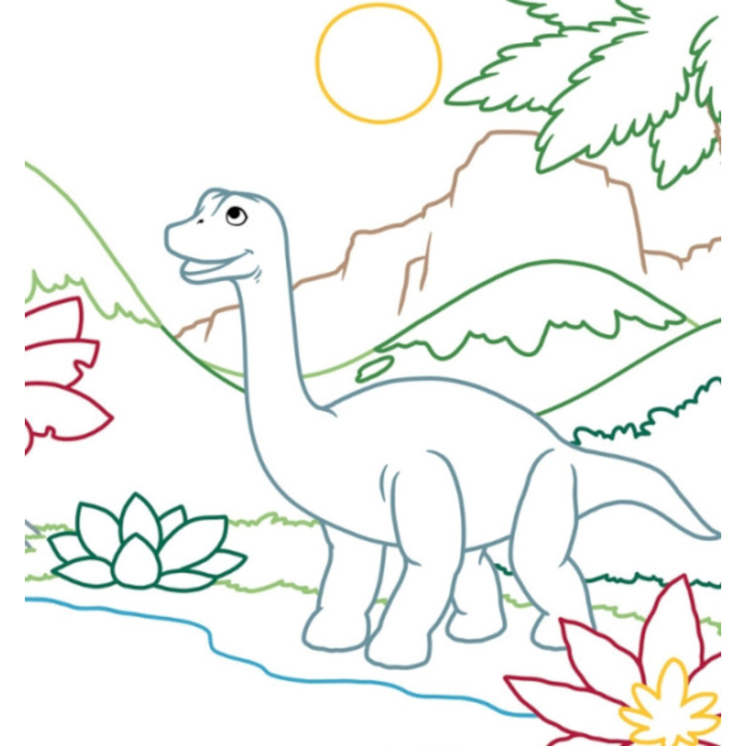 Zauberpapier Malbuch - Dinosaurier: Ein fröhlicher Dinosaurier in einer bunten Landschaft mit Pflanzen und Bergen.