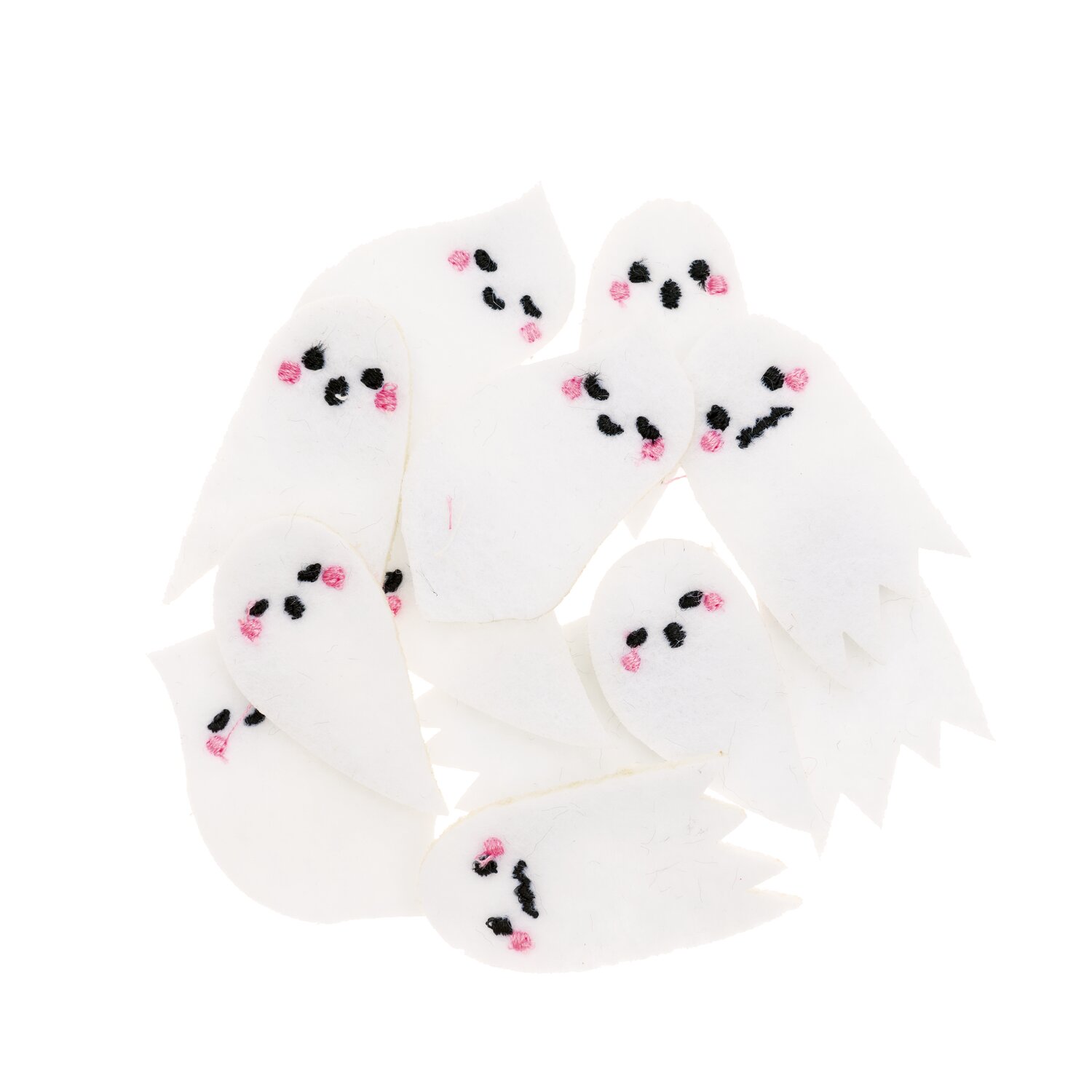 Filzstreu Gespenst Mix weiß 12 Stück: Niedliche weiße Geister aus Filz mit schwarzen Augen und rosa Wangen, ideal für Halloween-Dekorationen.