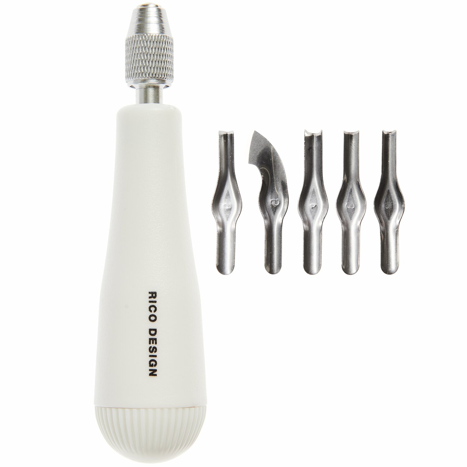 Linolschnittwerkzeug, 6-teilig: Weißer Griff mit fünf austauschbaren Klingen von Rico Design. Ideal für präzise Schnitte.