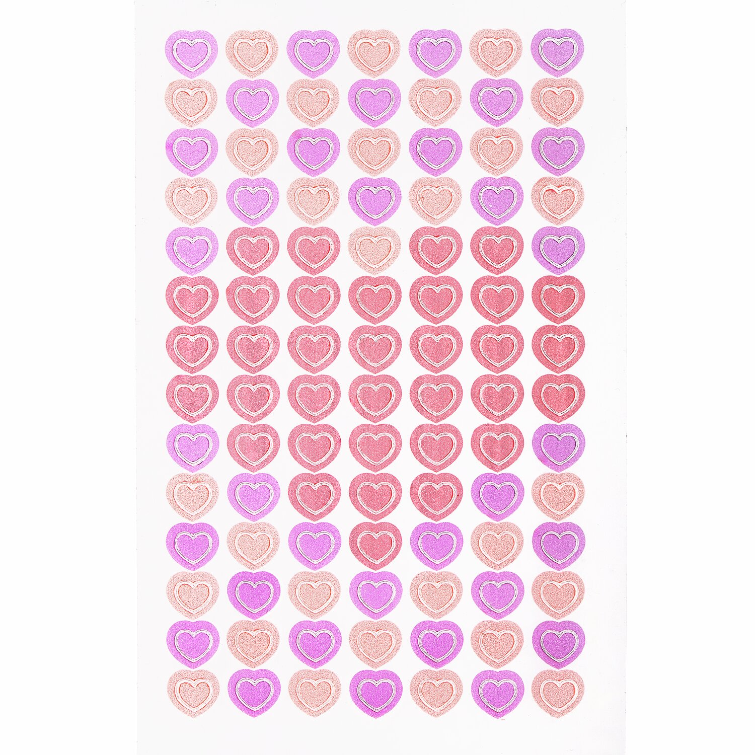 Mini-Foliensticker Herzen 3 Bögen in Rosa- und Lilatönen, ideal für kreative Bastelprojekte. Größe 6x10cm.