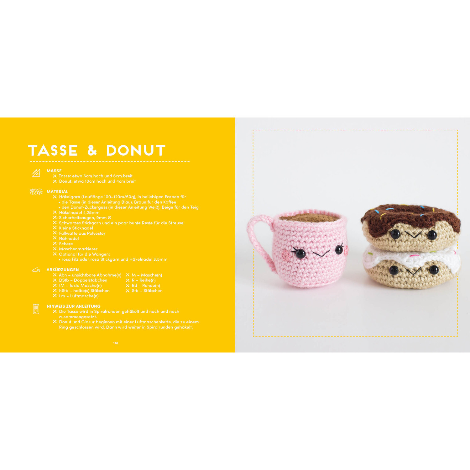 Meine kunterbunte Amigurumi-Welt: Rosa Tasse und zwei Donuts mit Gesichtern, gehäkelt, auf weißem Hintergrund.