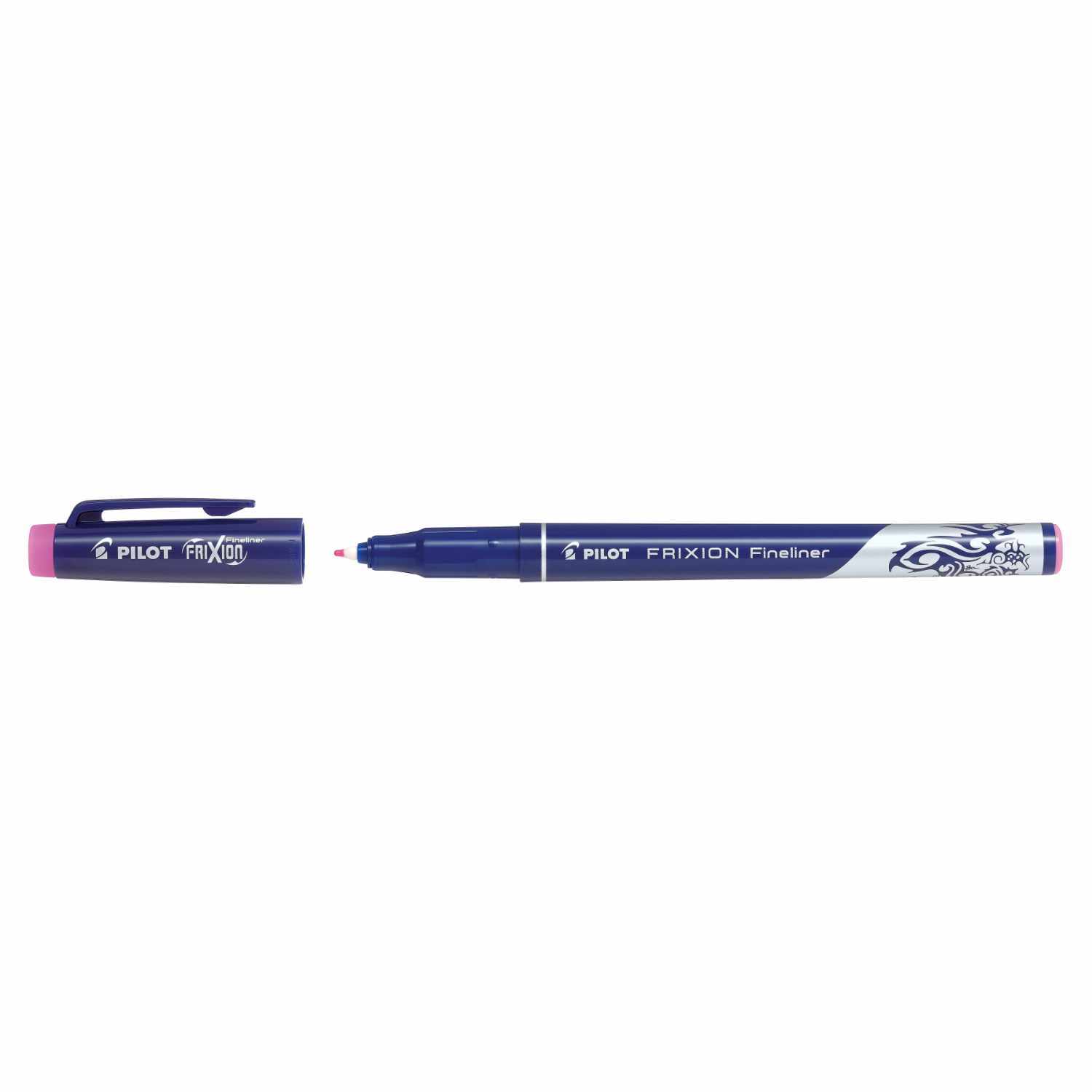 Frixion Fineliner von PILOT in Pink, abgebildet mit abgenommenem Deckel, ideal für präzises Schreiben und Zeichnen.