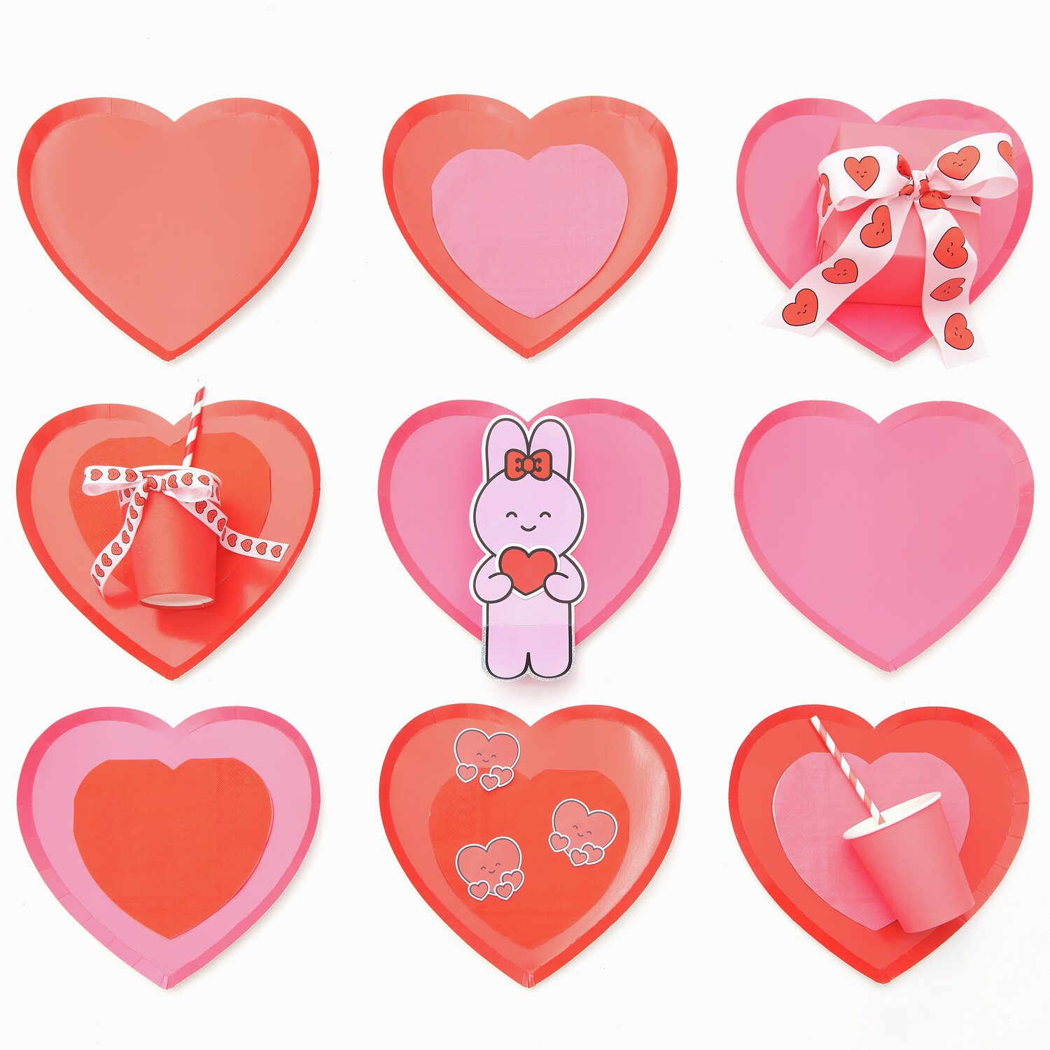 Pappteller Herz 8 Stück, rot und neon pink, dekoriert mit passenden Bechern und Servietten. Ideal für Partys und Feiern.