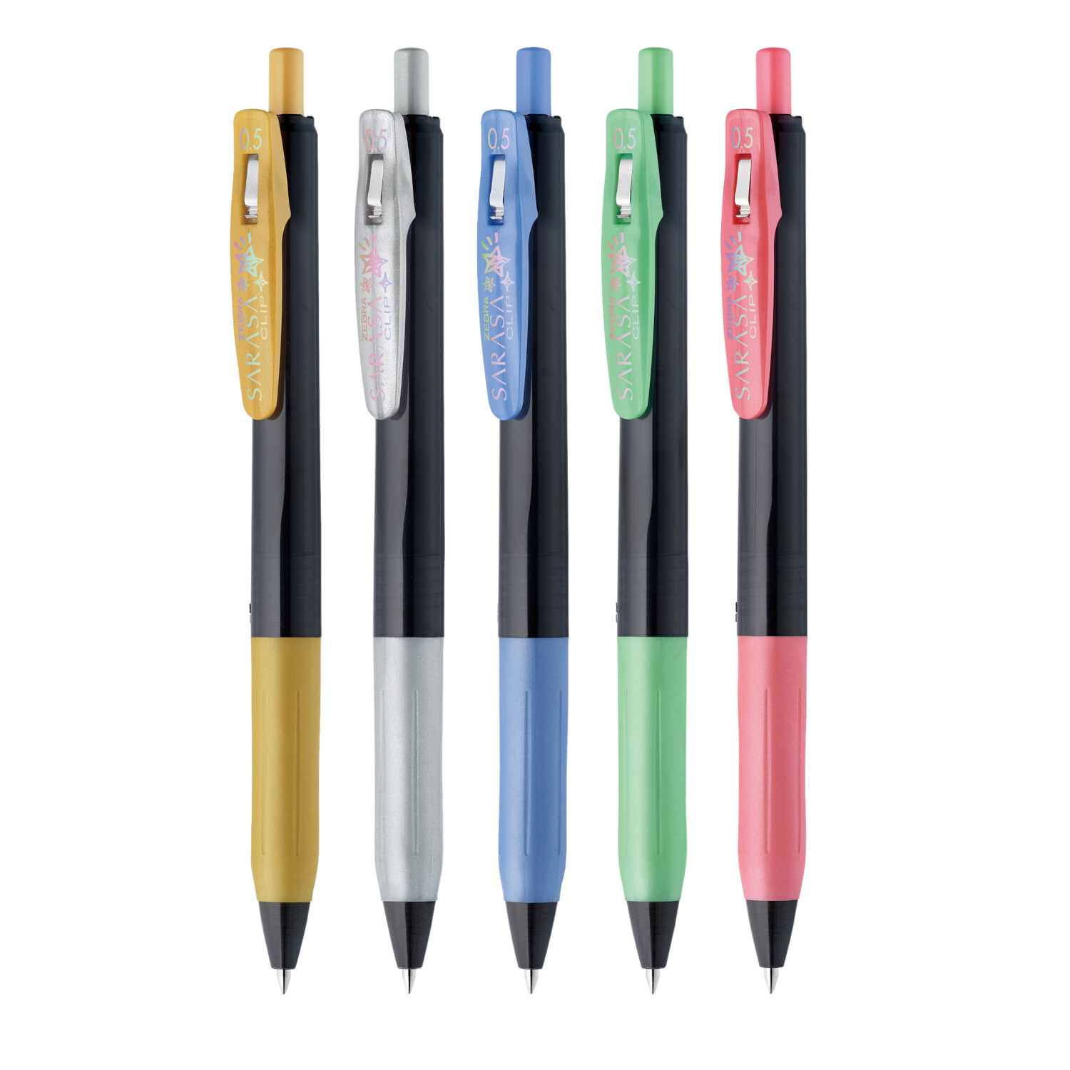 Sarasa Clip Set Decoshine: Fünf bunte ZEBRA-Gelschreiber mit glitzernden Clips in Gold, Silber, Blau, Grün und Rot.