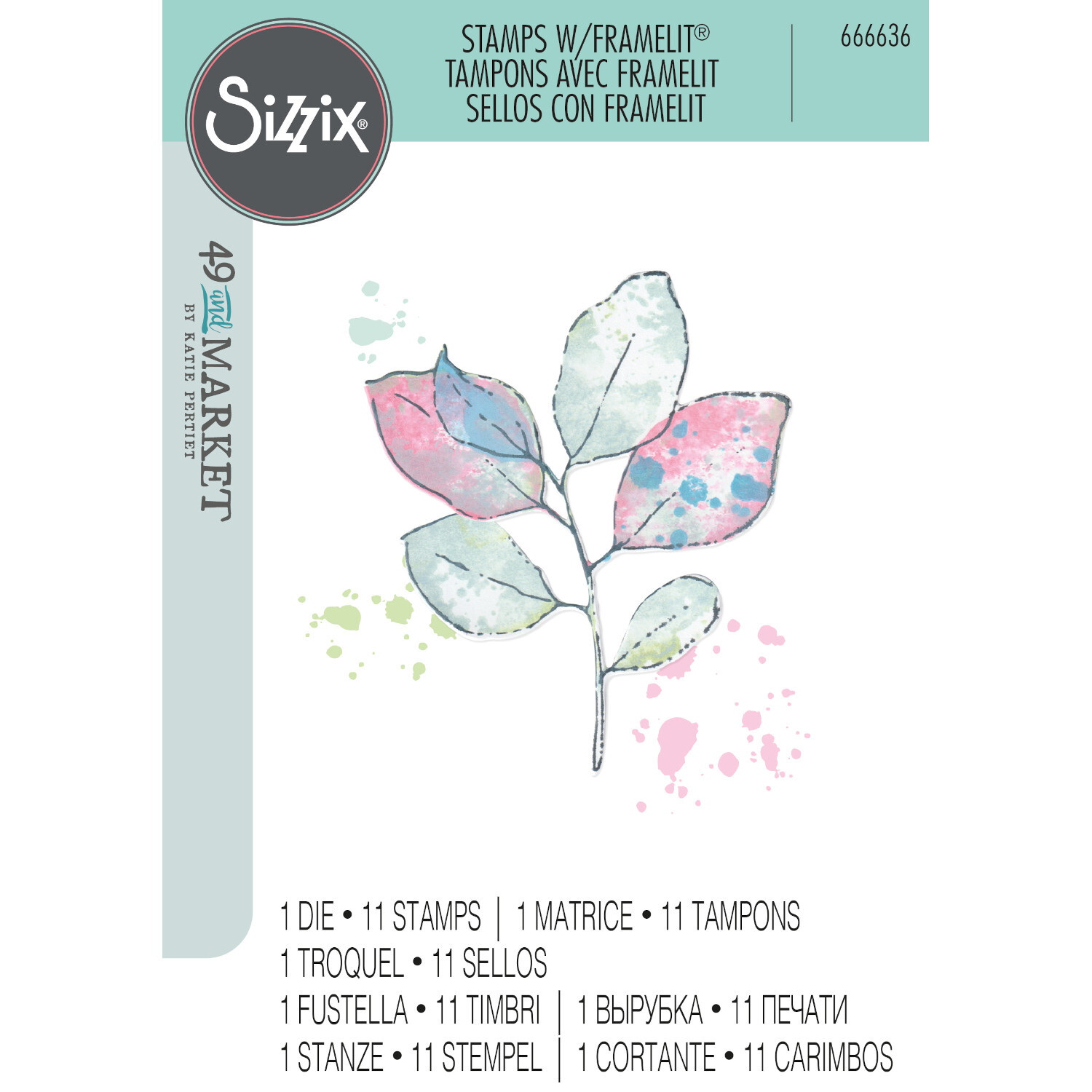 Painted Pencil Leaves Clear Stamps Set: 12-teiliges Set mit bunten Blättermotiven von Sizzix, ideal für kreative Bastelprojekte.