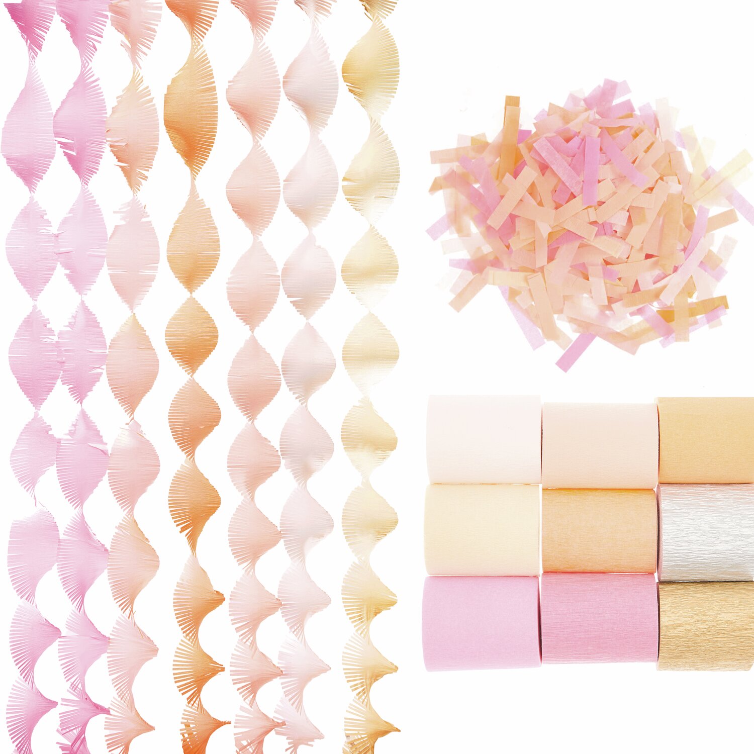 Deko-Set Blüten von Rico Design in sanften Pastelltönen. Enthält spiralförmige Girlanden und Konfetti in Rosa, Orange und Creme. Ideal für festliche Anlässe.