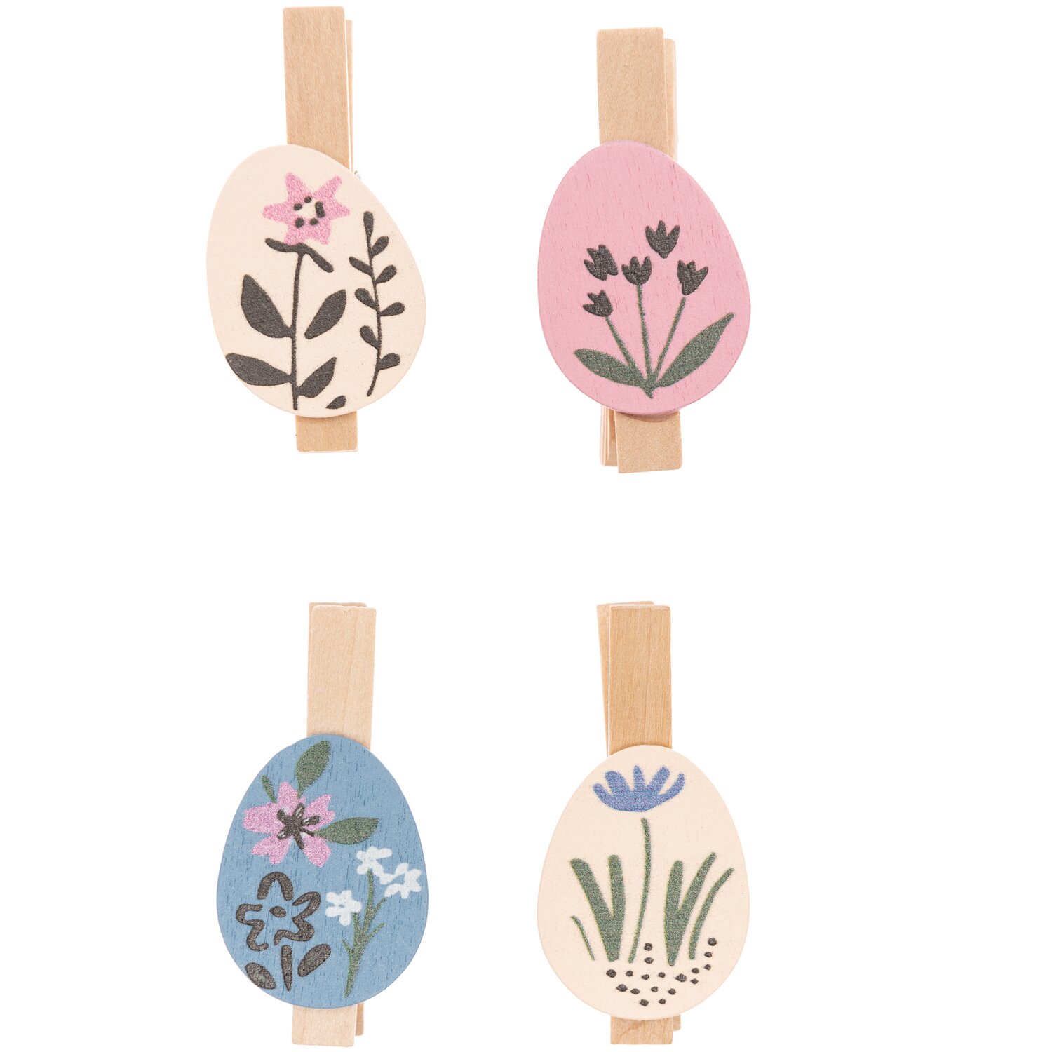 Dekoklammern Osterei Blumen Mix 4 Stück, mehrfarbig, mit floralen Mustern auf Holzklammern. Ideal für kreative Dekorationen.