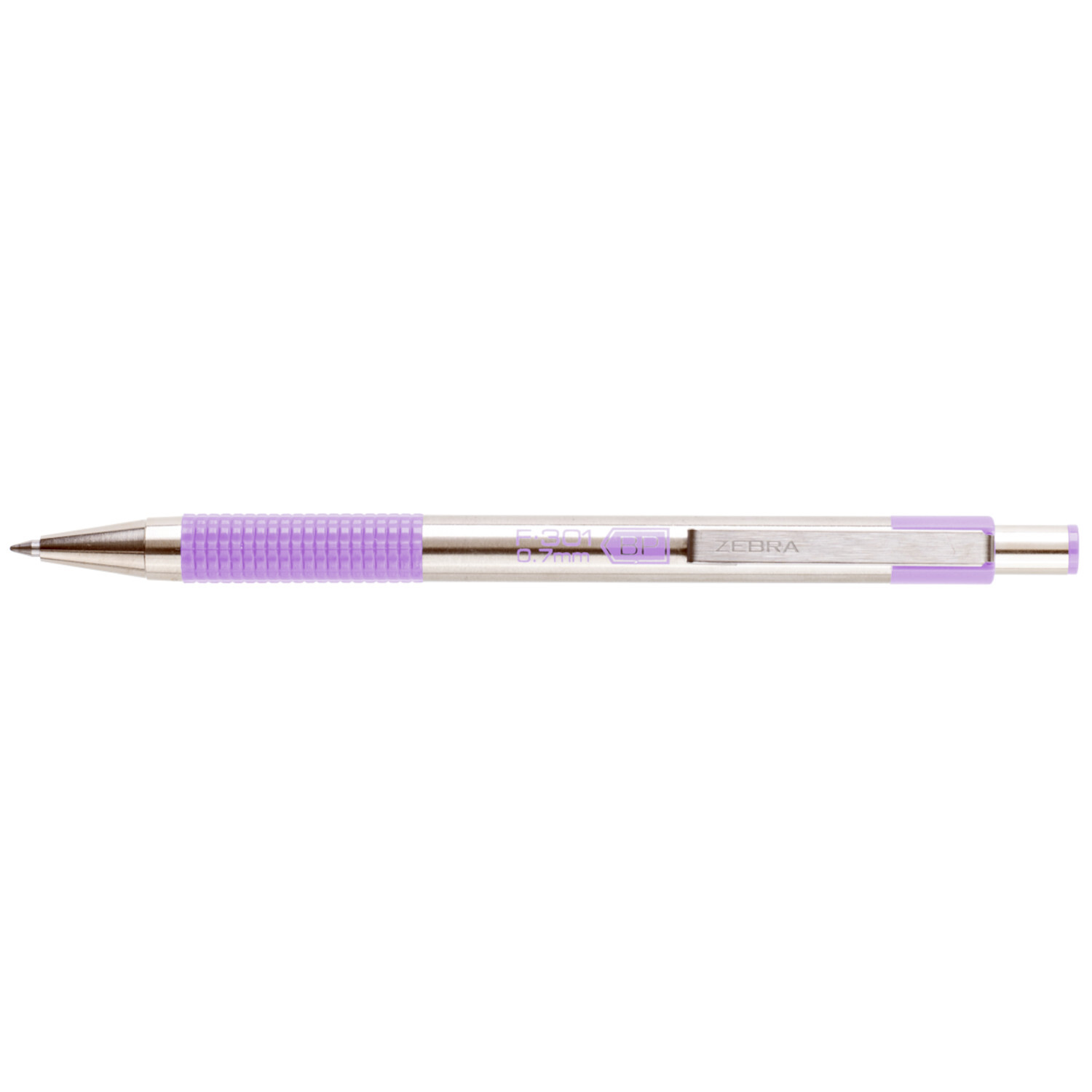 Kugelschreiber F-301, violett, 0,7mm, von ZEBRA. Metallgehäuse mit violettem Griff für präzises Schreiben.