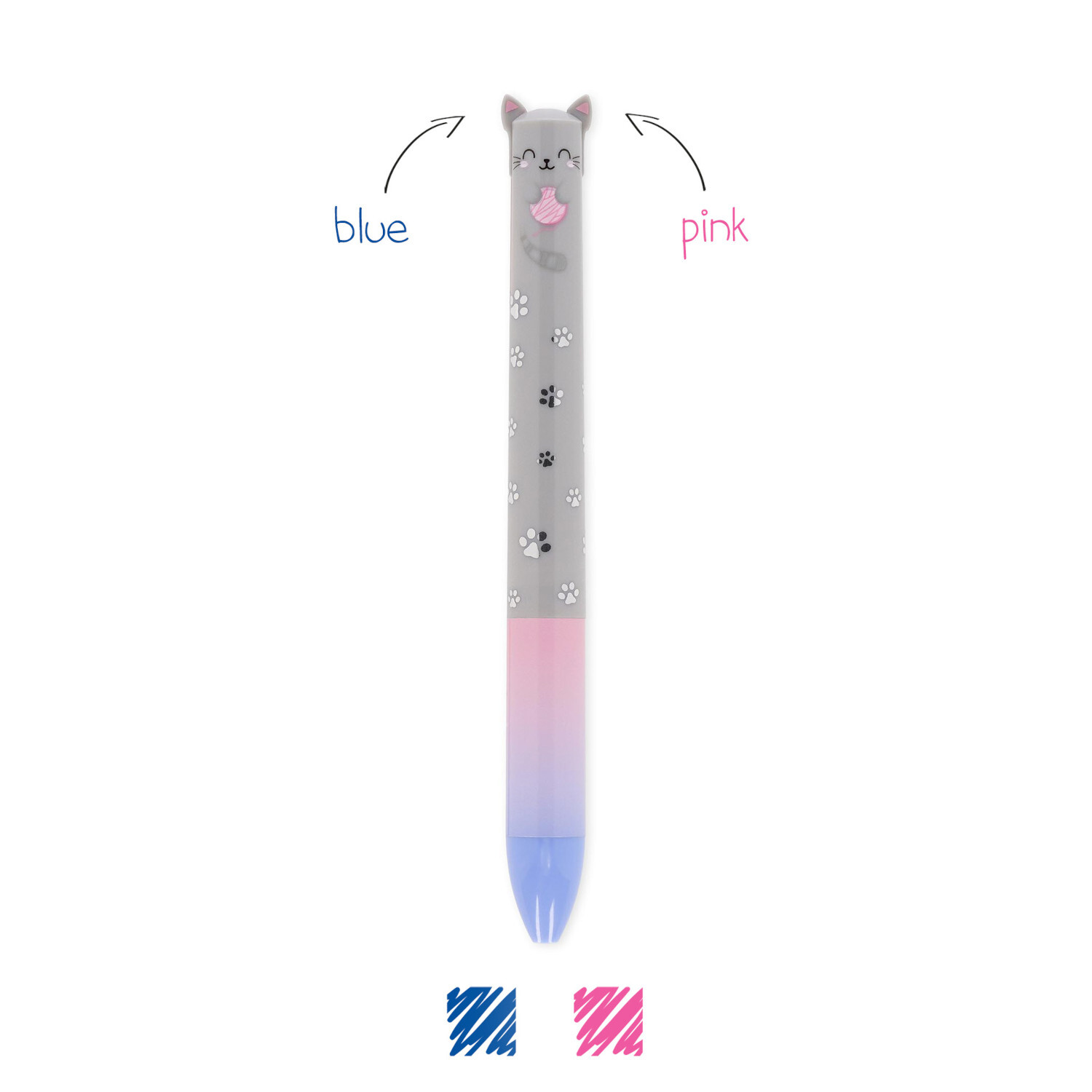 Zweifarbiger Kugelschreiber Click&Clack mit Katzenmotiv, blau-pink, von Legami, auf weißem Hintergrund.