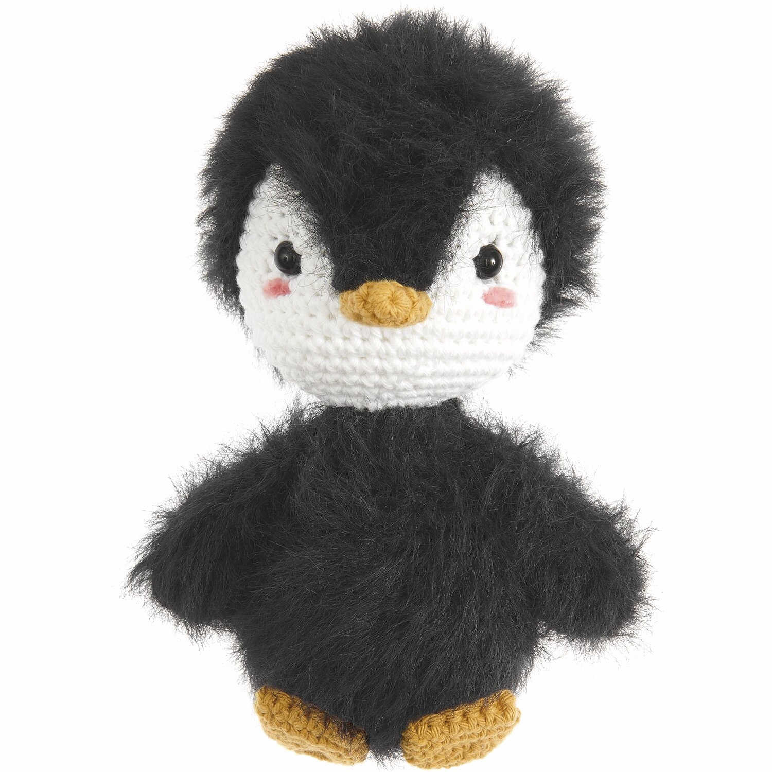 Creative Ricorumi dk 25g Farbe Schwarz von Rico Design Ricorumi Furry Animals: Niedlicher gehäkelter Pinguin in Schwarz und Weiß mit senffarbenen Füßen.