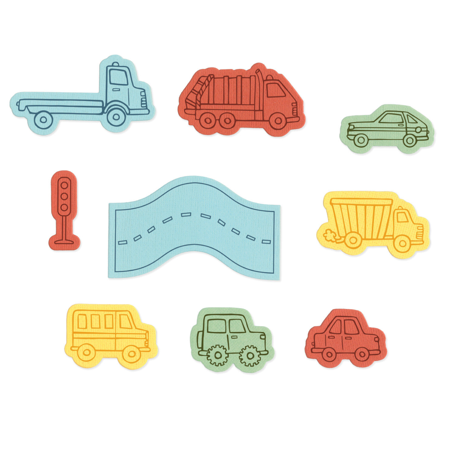 Sizzix Clear Stamps/Framelits Cars and Trucks Set 9 Stk mit bunten Fahrzeug- und Straßenformen, perfekt zum Gestalten von Karten, Scrapbooking und Bastelprojekten