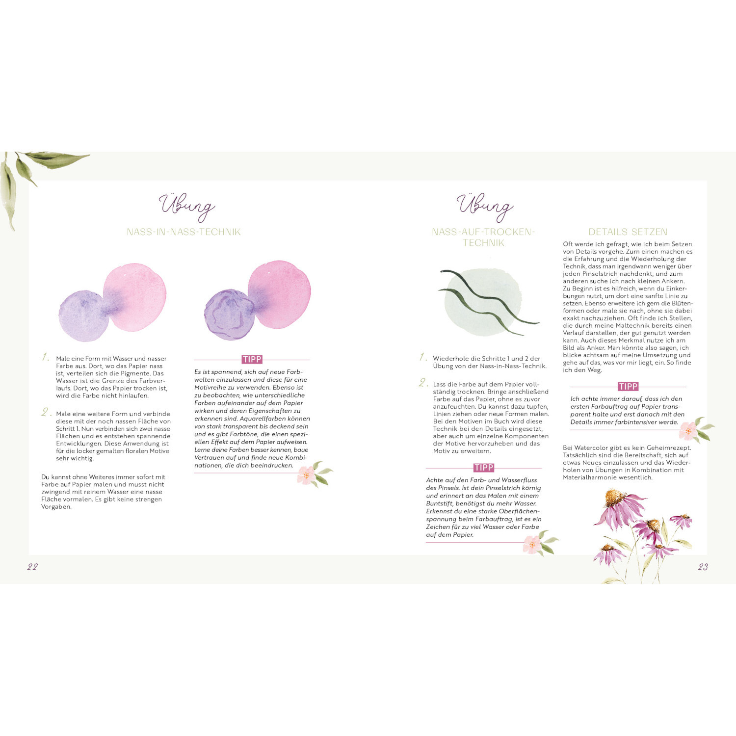 Selfcare Watercolor – Kreative Momente für mich: Doppelseite mit Aquarell-Anleitungen und floralen Illustrationen.
