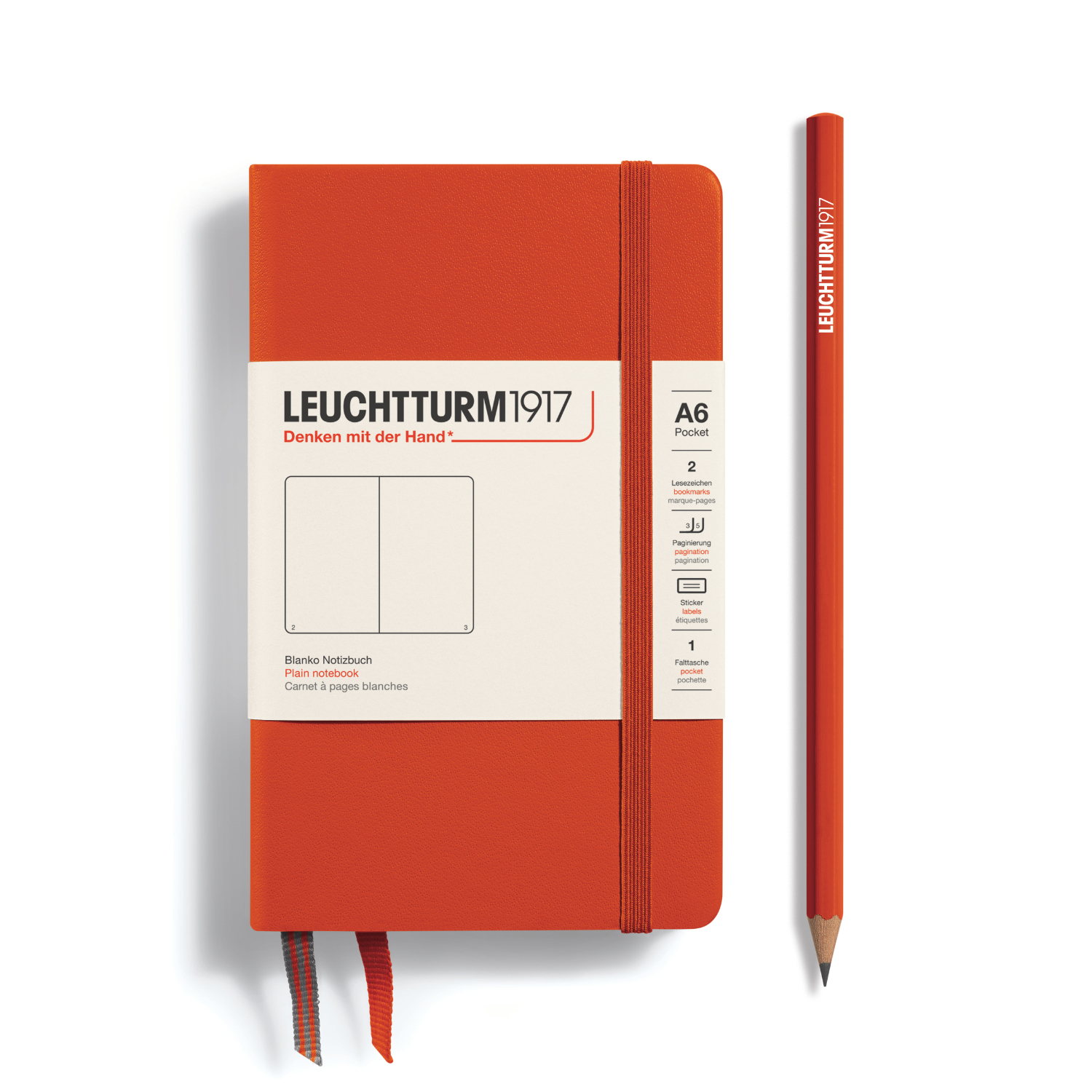 Notizbuch Pocket blanko Hardcover A6 in Fox Red mit passendem Bleistift, ideal für Notizen.