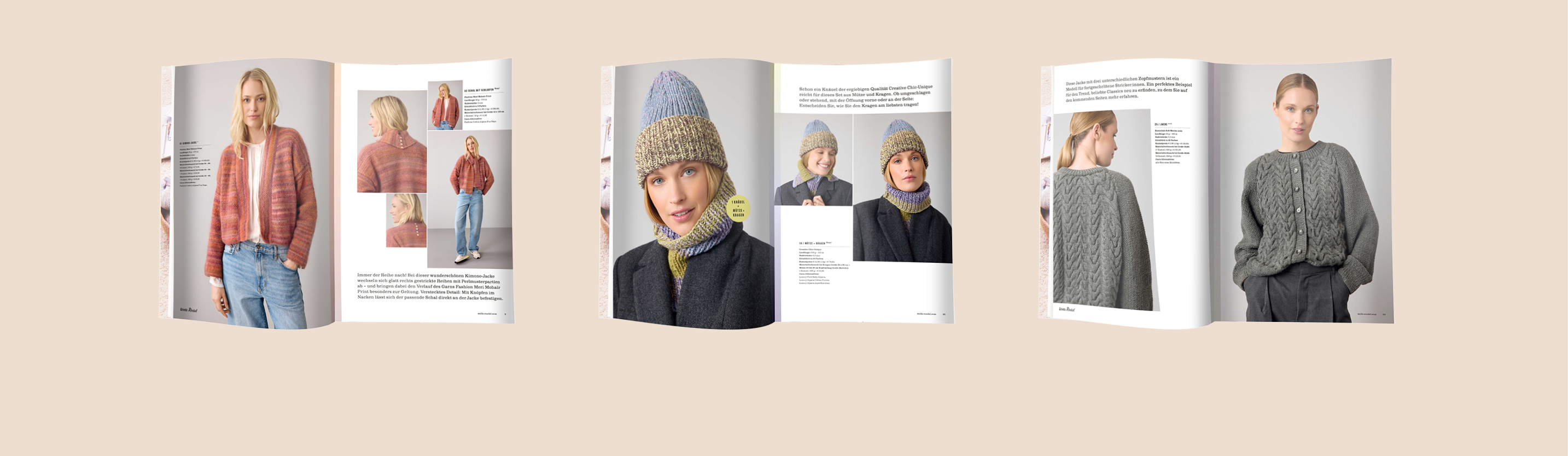 Drei aufgeschlagene Seiten aus der Neuen Masche 14 mit Strickprodukten