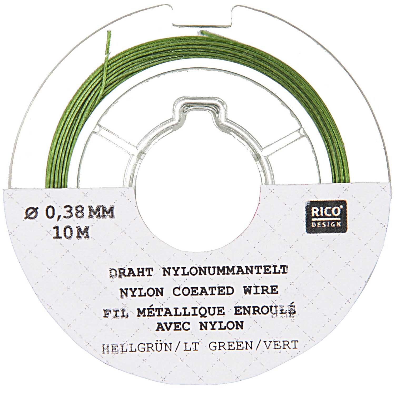 Edelstahlseide 0,38mm 10m von Rico Design in Hellgrün, auf einer Spule mit Nylonummantelung.