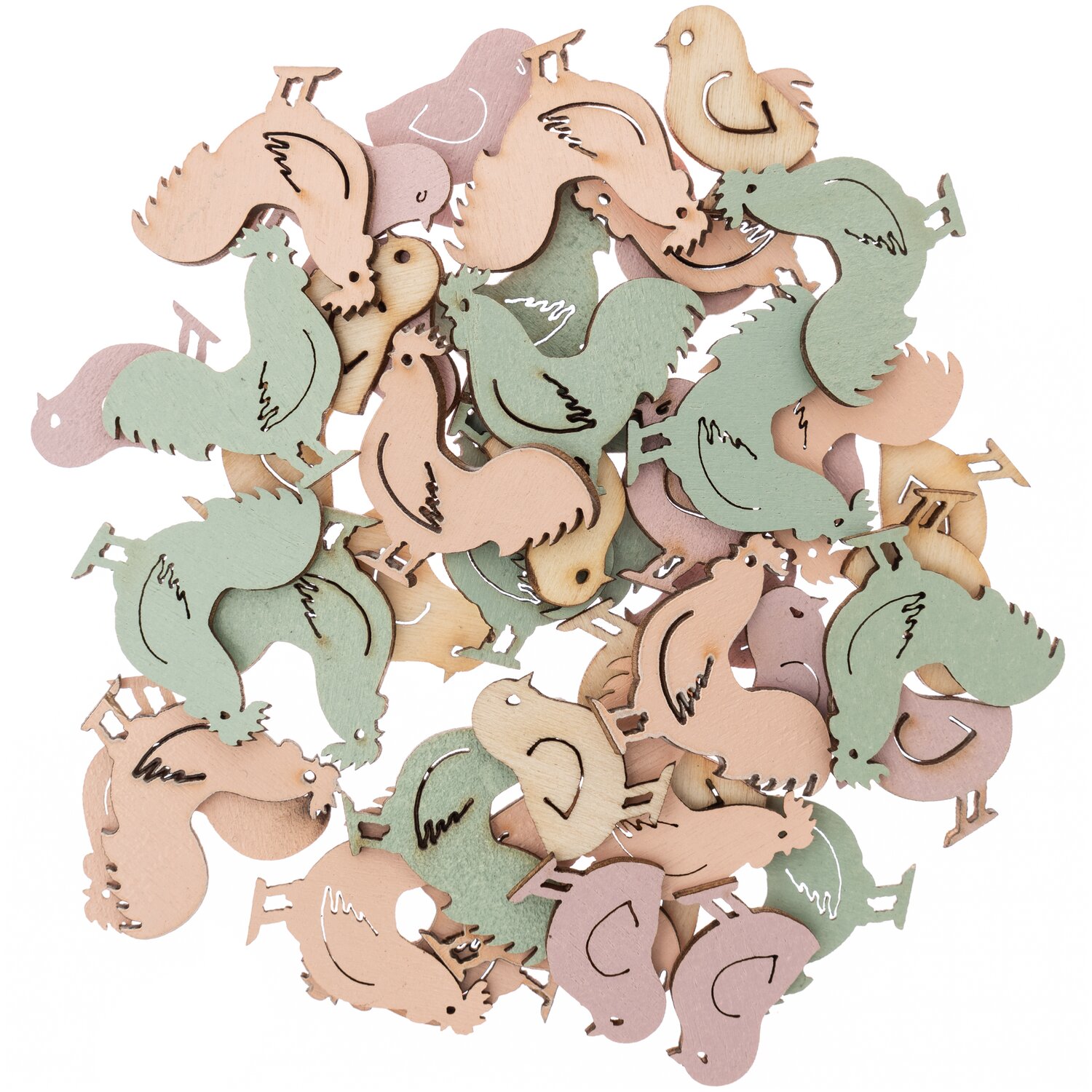 Holzstreu Hahn & Küken 48 Stück: Mehrfarbige Holzfiguren von Rico Design, ideal für Dekorationen.