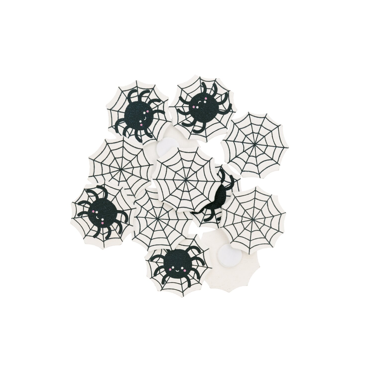 Holzsticker Spinnennetz Mix schwarz-weiß 12 Stück: Mehrfarbige Spinnennetze und Spinnen aus Holz, ideal für kreative Dekorationen.