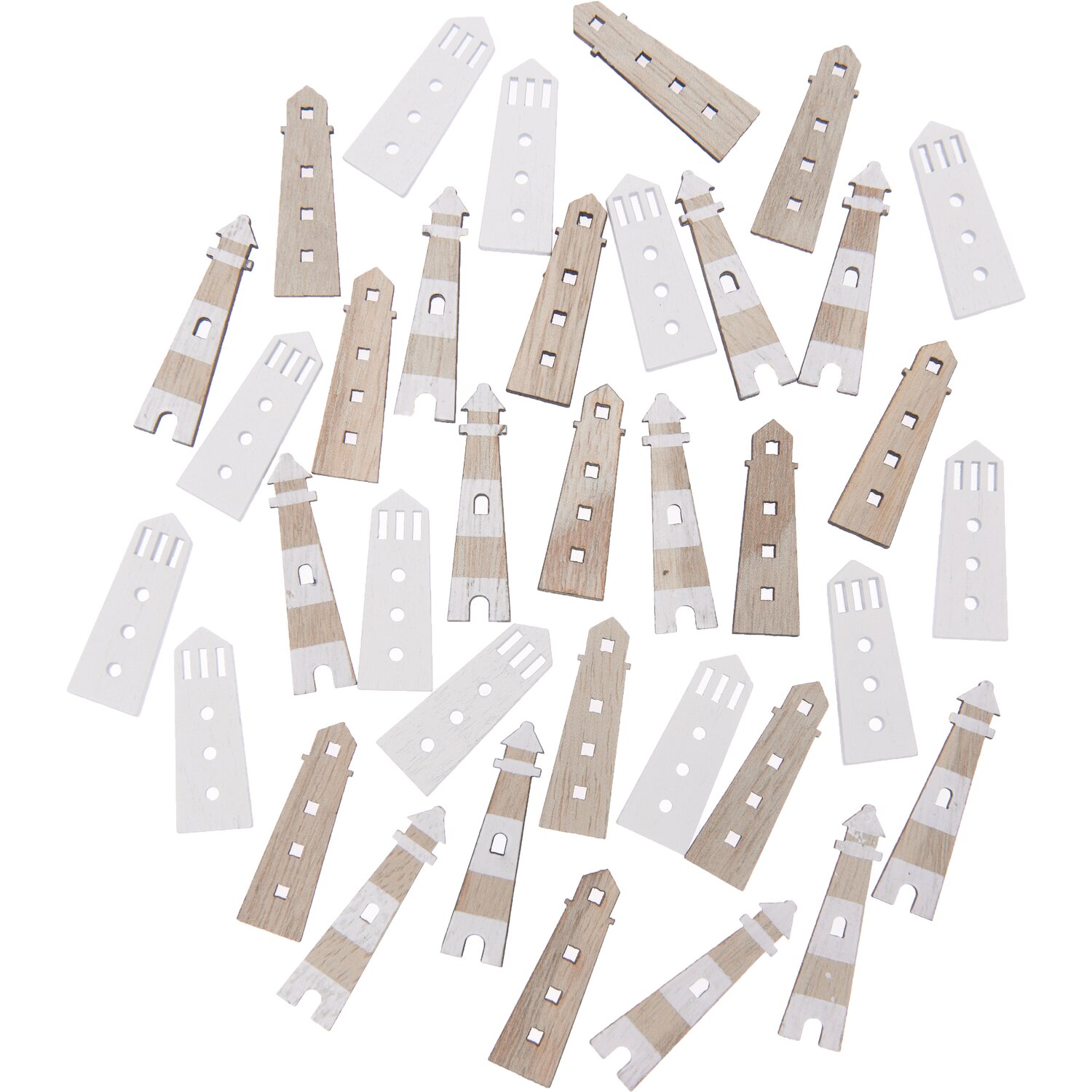 Holzstreu Leuchtturm Mix natur 36 Stück, dekorative Streuteile in Weiß und Naturtönen. Ideal für kreative Bastelprojekte und maritime Dekorationen.