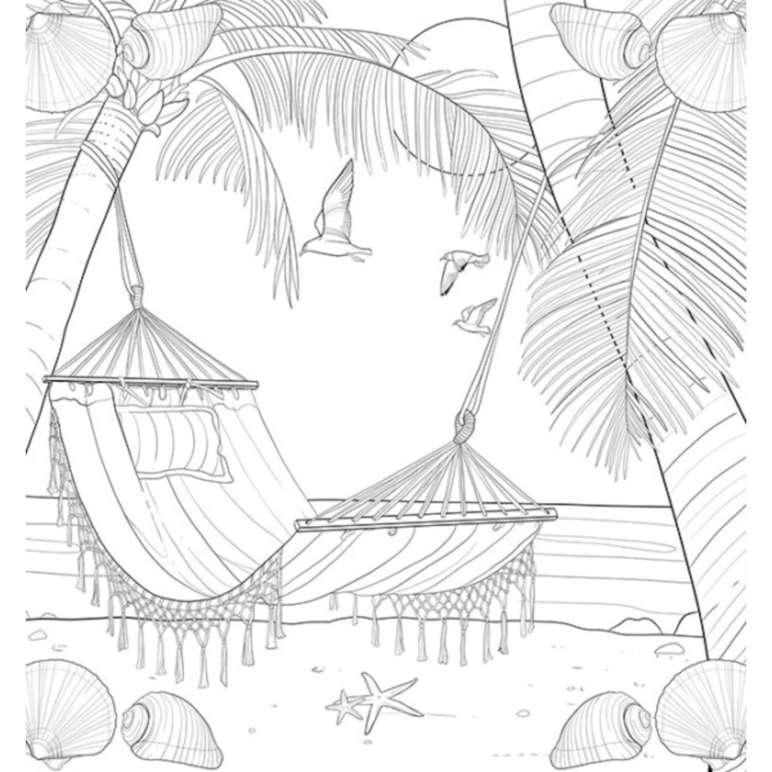 Colorful World - Quelle der Gelassenheit: Zwei Hängematten zwischen Palmen am Strand, umgeben von Muscheln und Möwen.