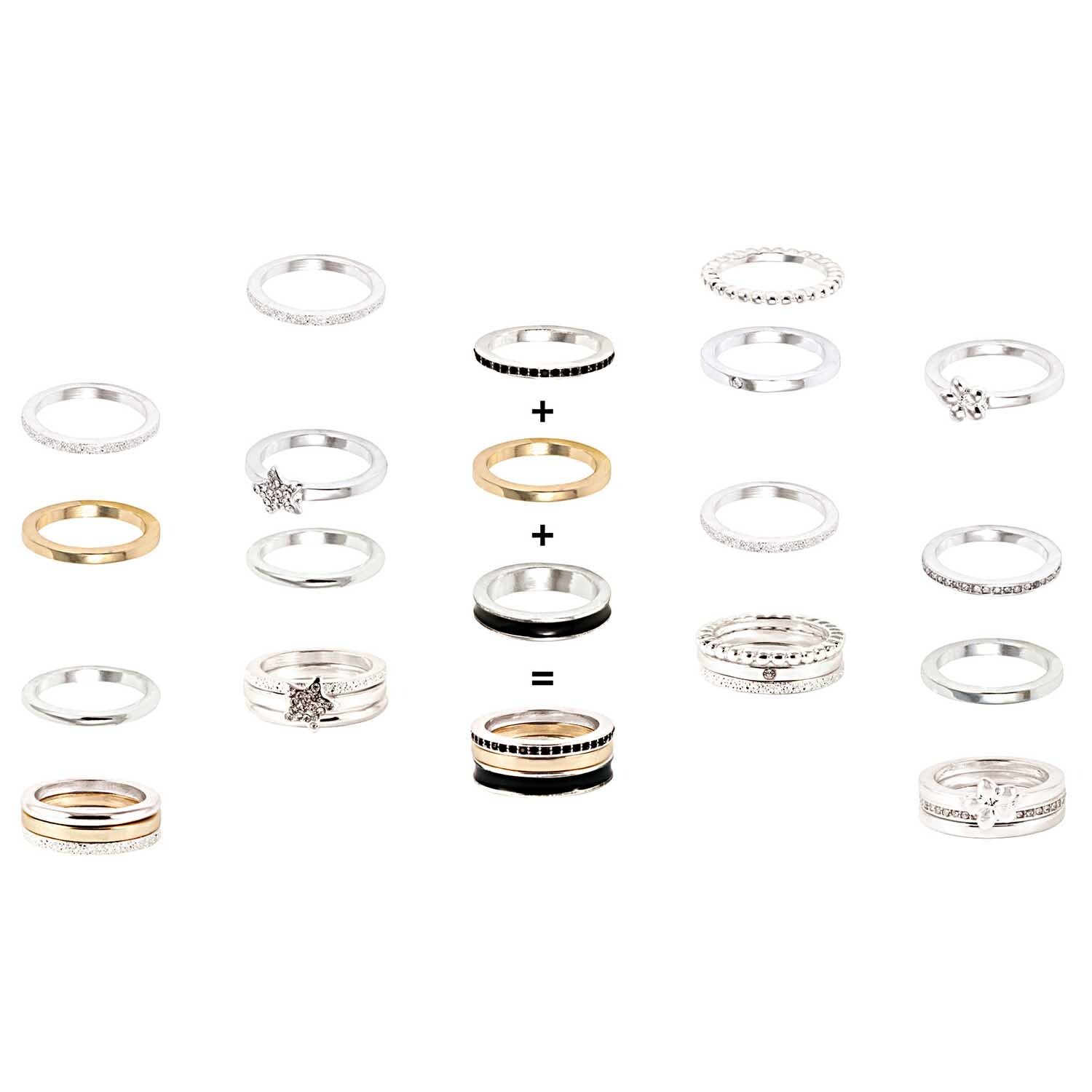 Ring mit Strass-Stein 16mm von Rico Design. Verschiedene Ringe in Silber und Gold, teils mit Strass, auf weißem Hintergrund.