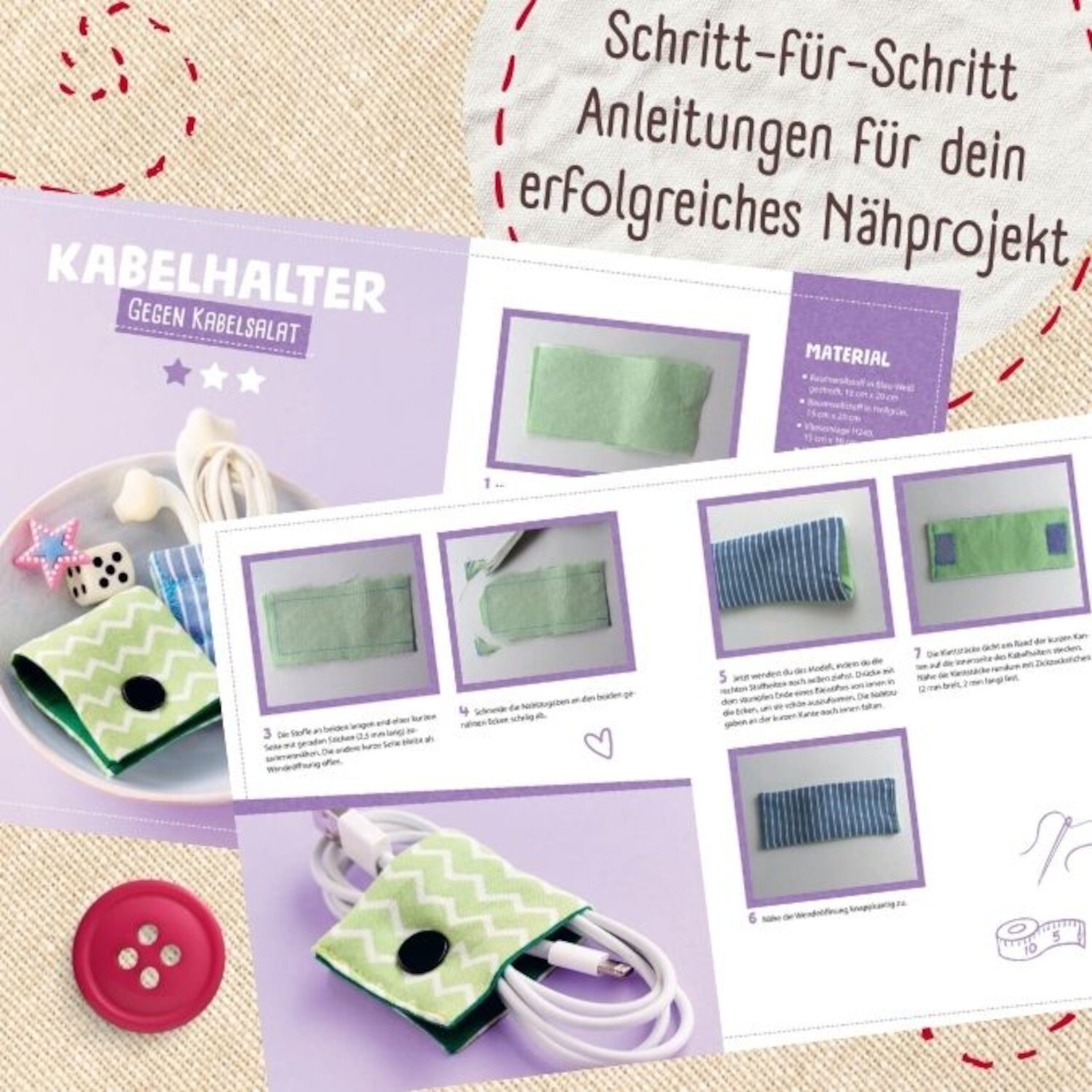 Näh mit! Neues aus der Kindernähschule: Anleitung für Kabelhalter mit grünem Stoff und Klettverschluss. Ideal für Nähanfänger.