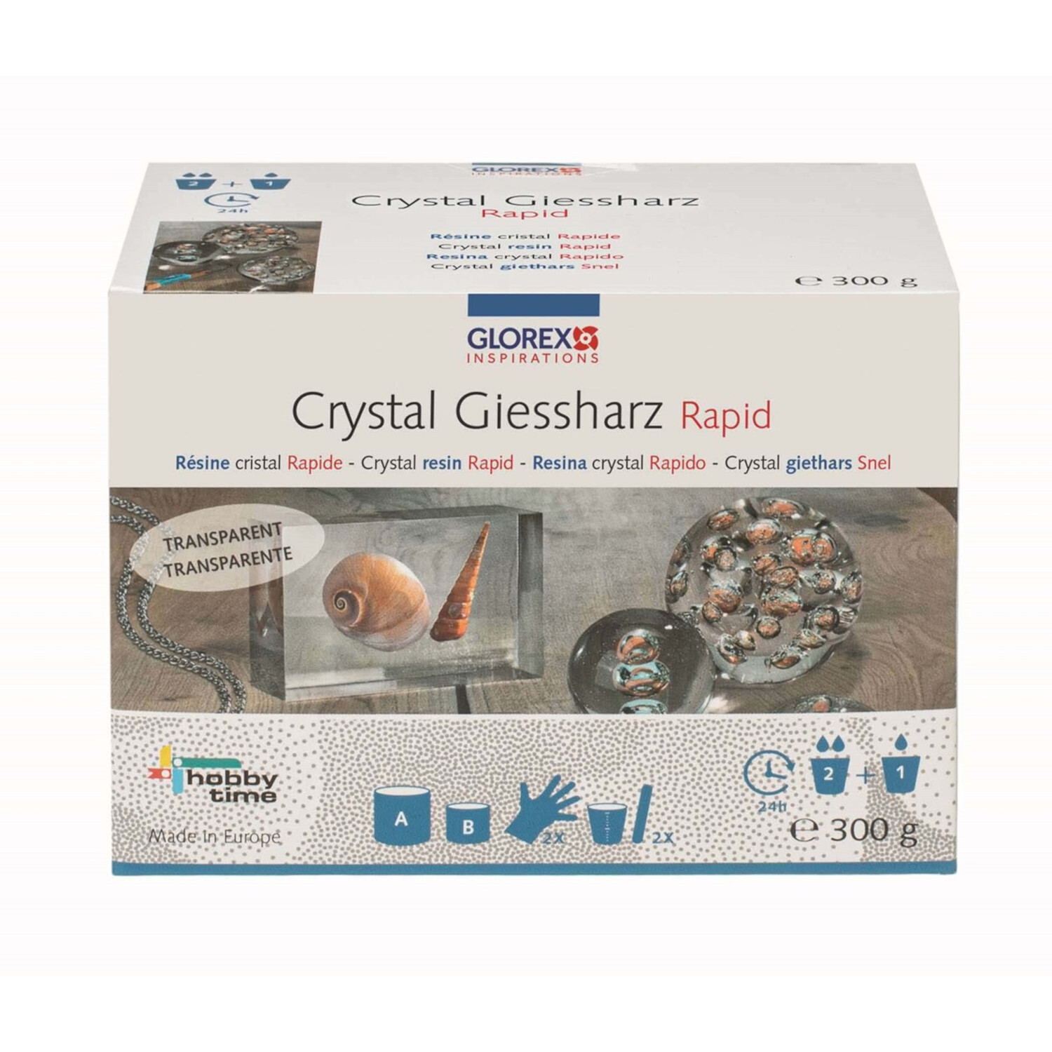 Crystal-Gießharz, Glorex: Transparentes Harz-Set für kreative Projekte, 300g Packung. Ideal für Hobbybastler und Kunsthandwerk.