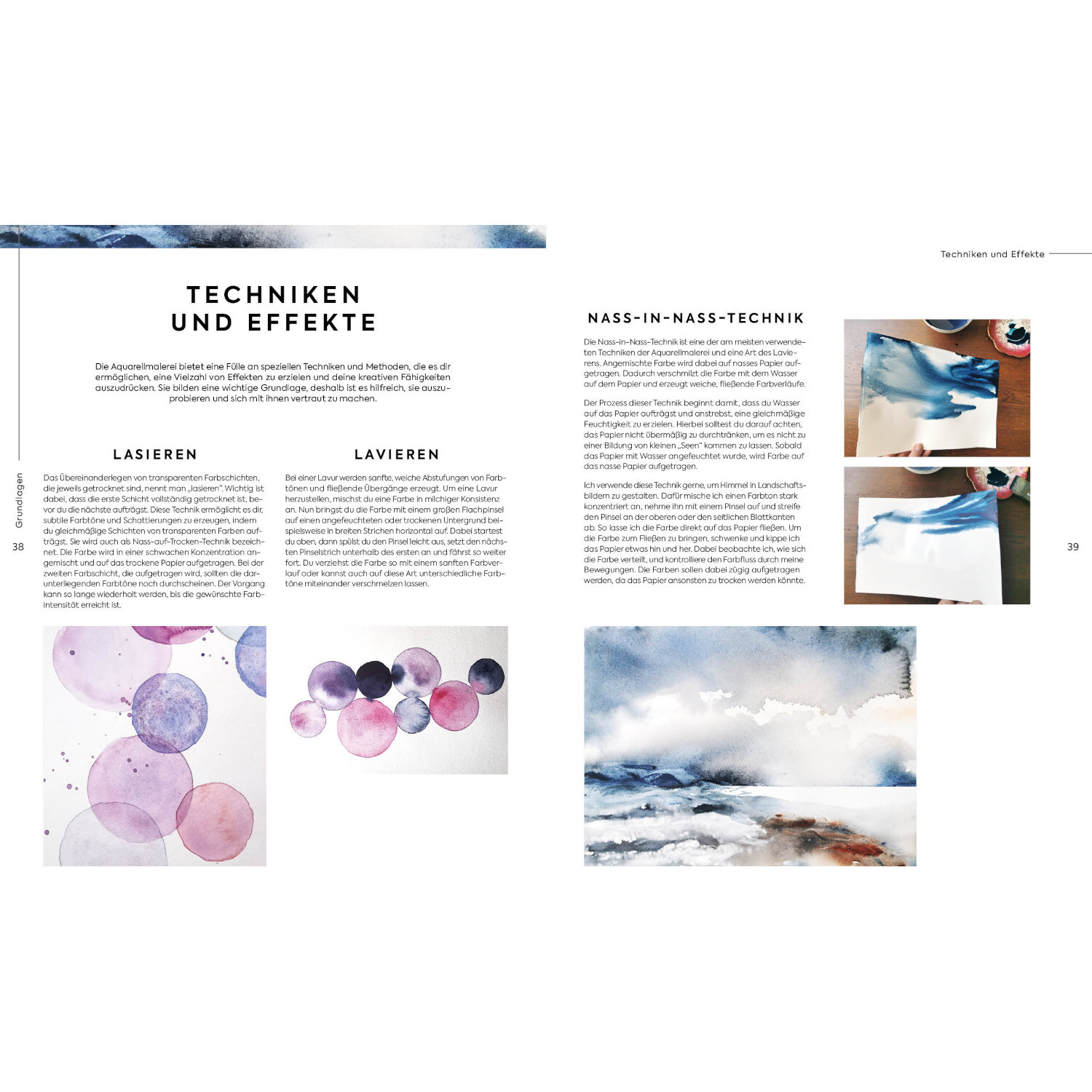 Aquarell Landscapes: Doppelseite mit Techniken und Effekten, inklusive Nass-in-Nass-Technik.