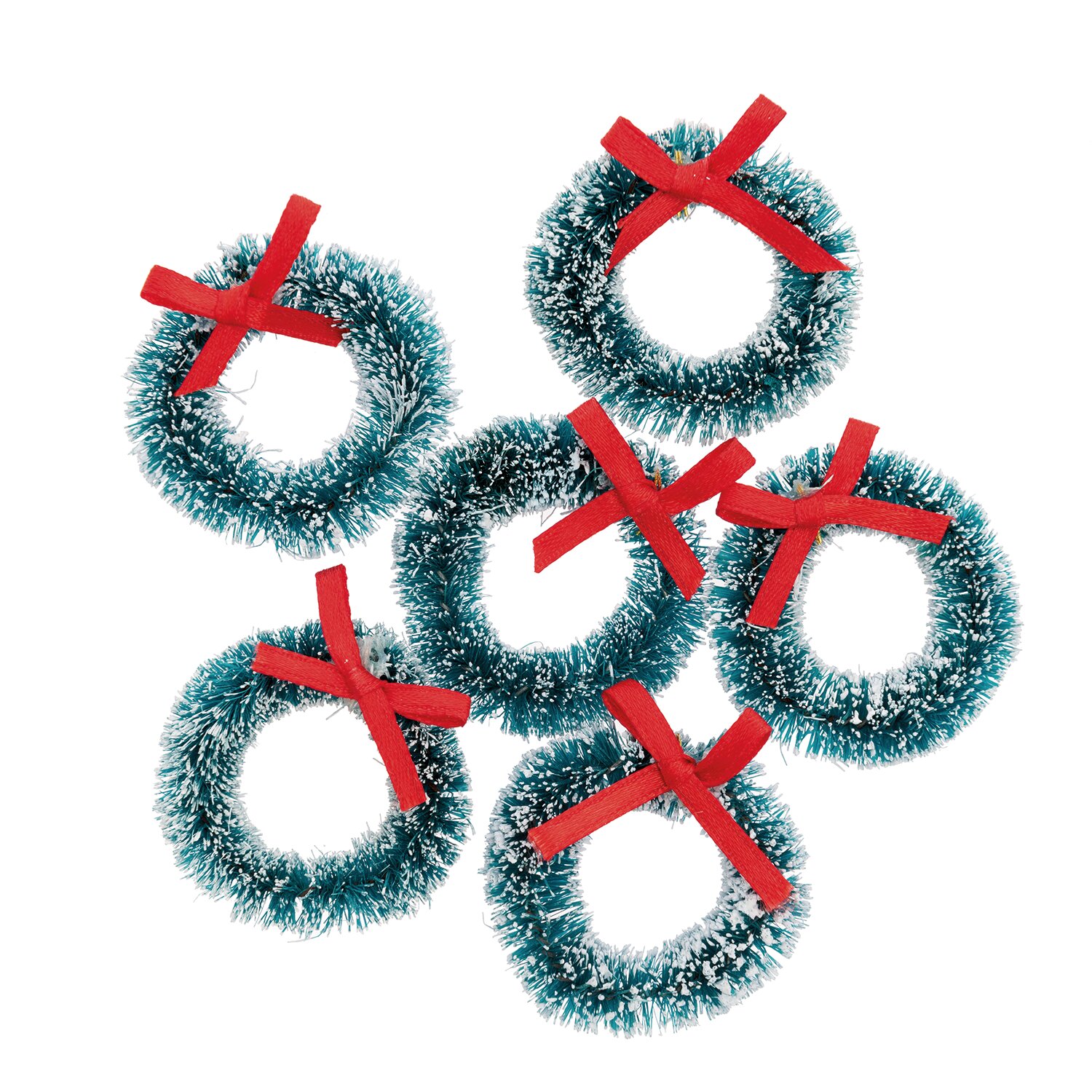 Mini-Weihnachtskränze grün 4cm 6 Stück, dekorative Kränze mit roten Schleifen, ideal für festliche Dekorationen.