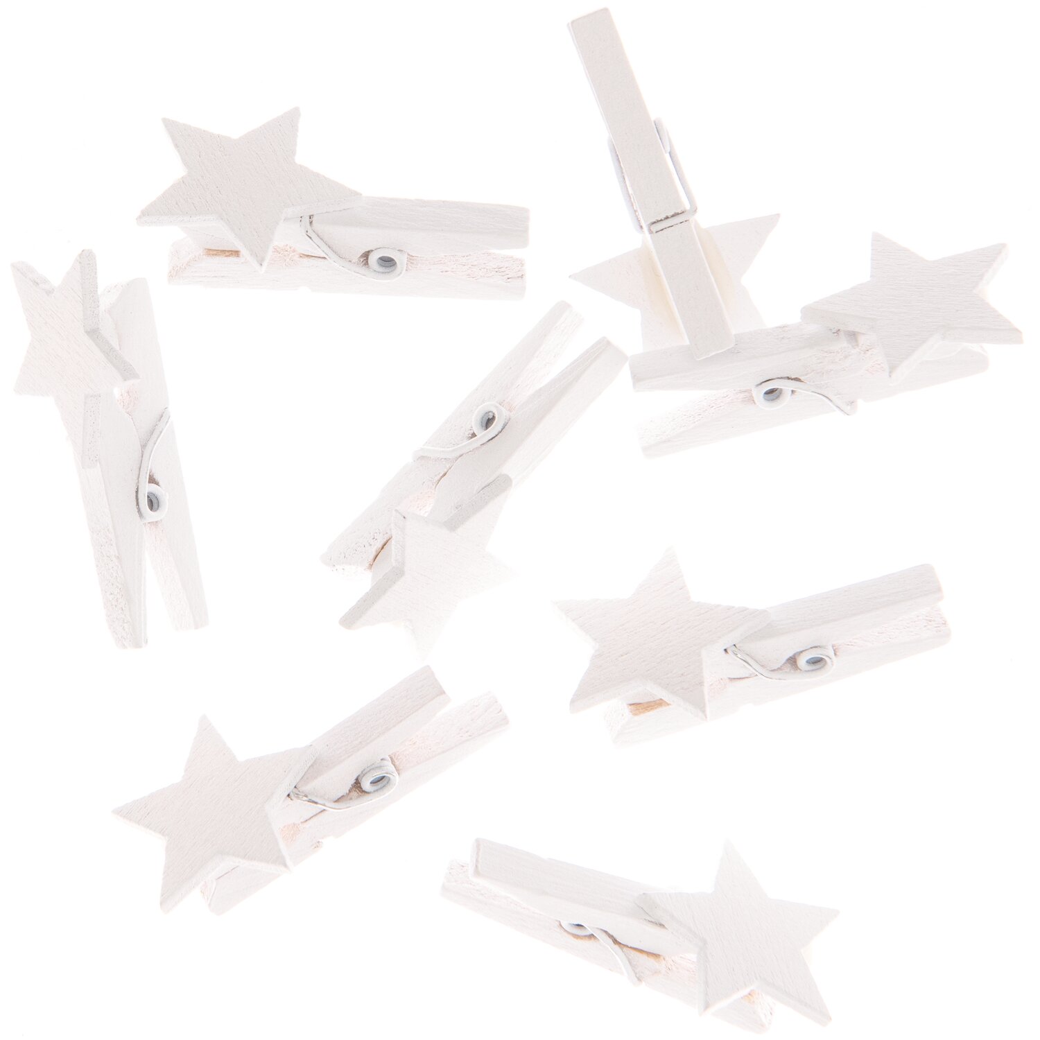 Dekoklammern Stern weiß 3cm 8 Stück: Weiße Holzklammern mit Sternmotiv, ideal für kreative Dekorationen.