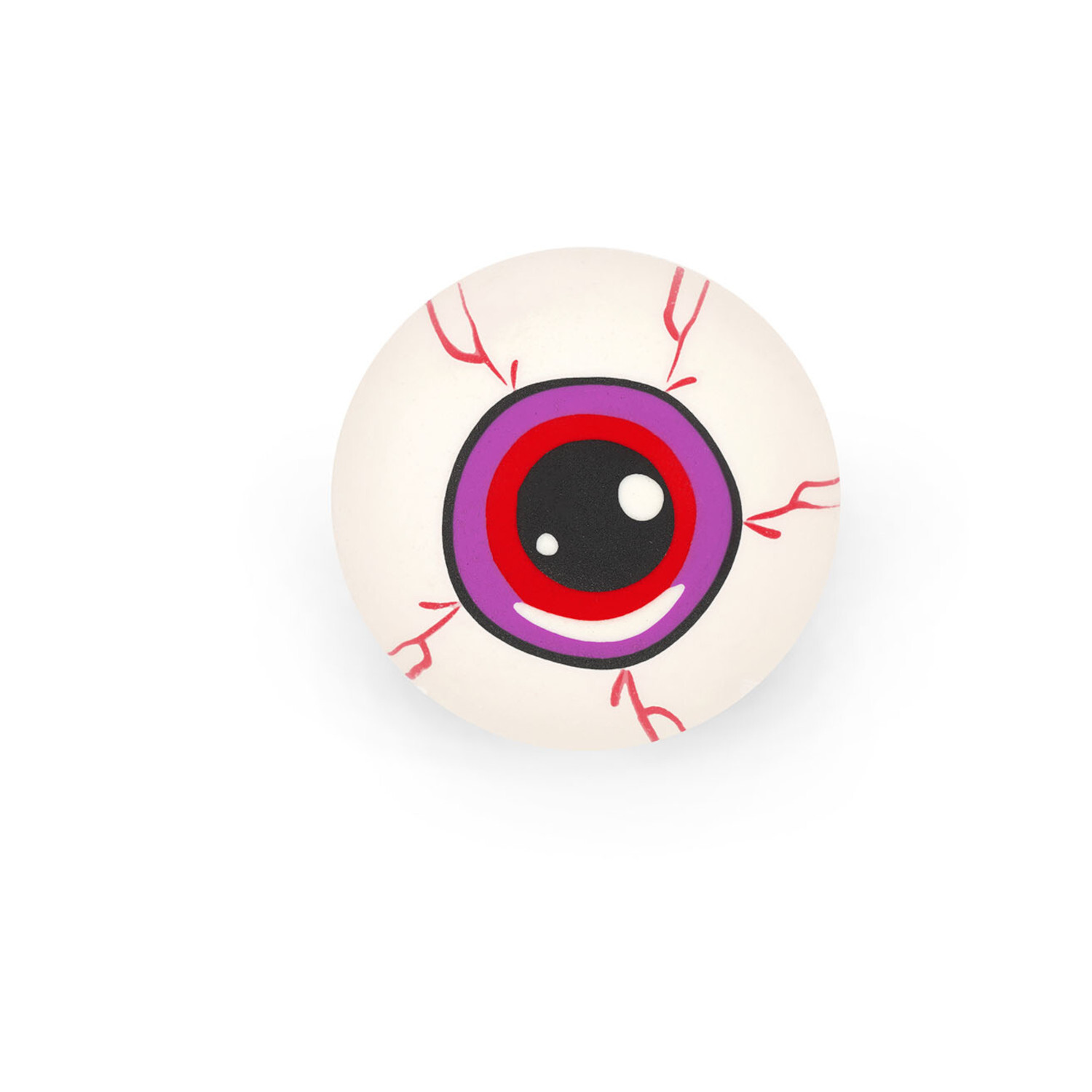 Radiergummi Eyeball: Rundes, weißes Radiergummi mit buntem Augapfel-Design und roten Adern.