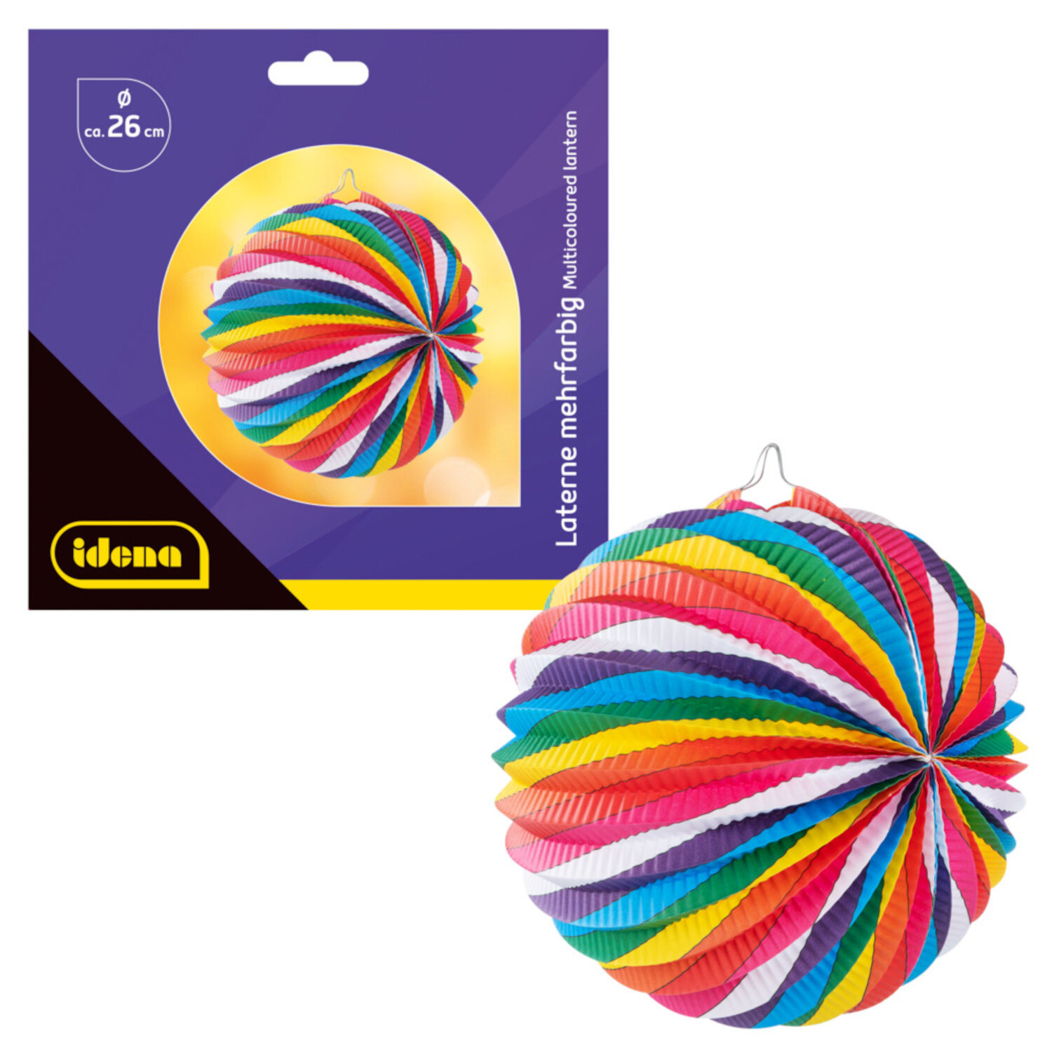 Laterne mehrfarbig, runde Papierlampe von Idena mit Spiralstreifen, Ø26cm, dekorative Kinderzimmer- und Partybeleuchtung mit Aufhänger
