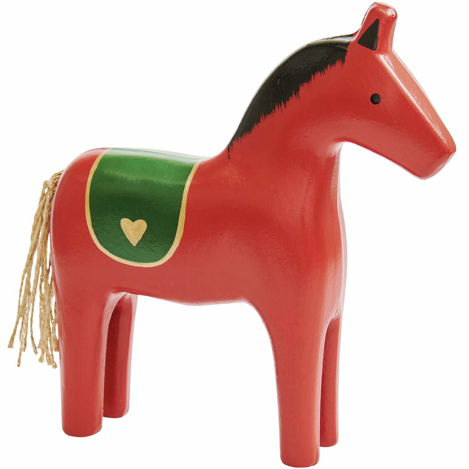 Holzpferd von Rico Design in leuchtendem Rot mit grünem Sattel und Herzmotiv, ideal als Dekoration.