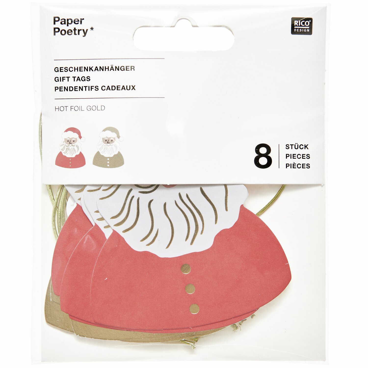 Paper Poetry Geschenkanhänger Weihnachtsmann, 8 Stück. Weihnachtsmann-Design mit goldenen Details, ideal für festliche Geschenke.