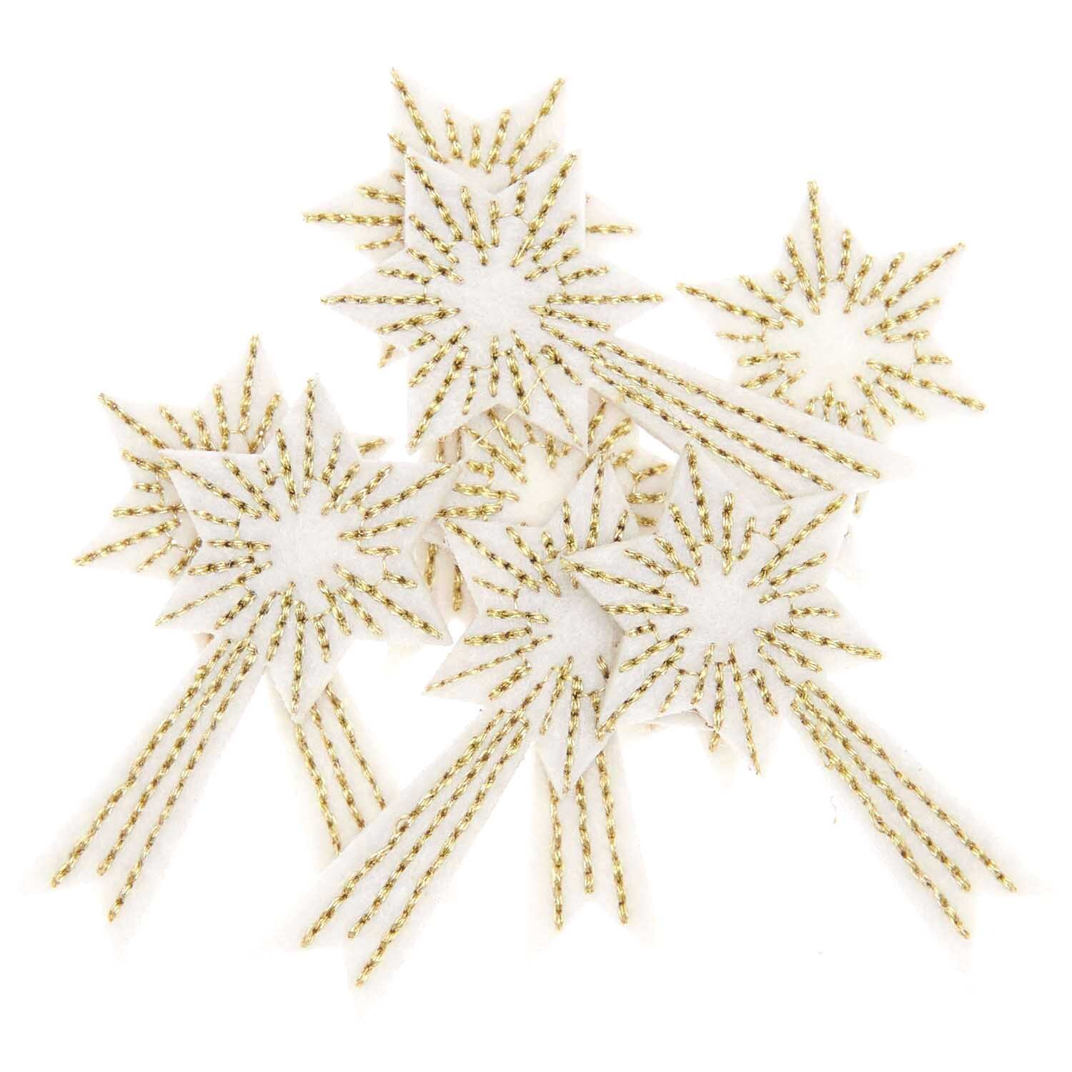 Filzstreu Sternschnuppen weiß-gold bestickt 5x3,7cm 8 Stück Filzstreu Sternschnuppen weiß-gold bestickt 5x3,7cm 8 Stück