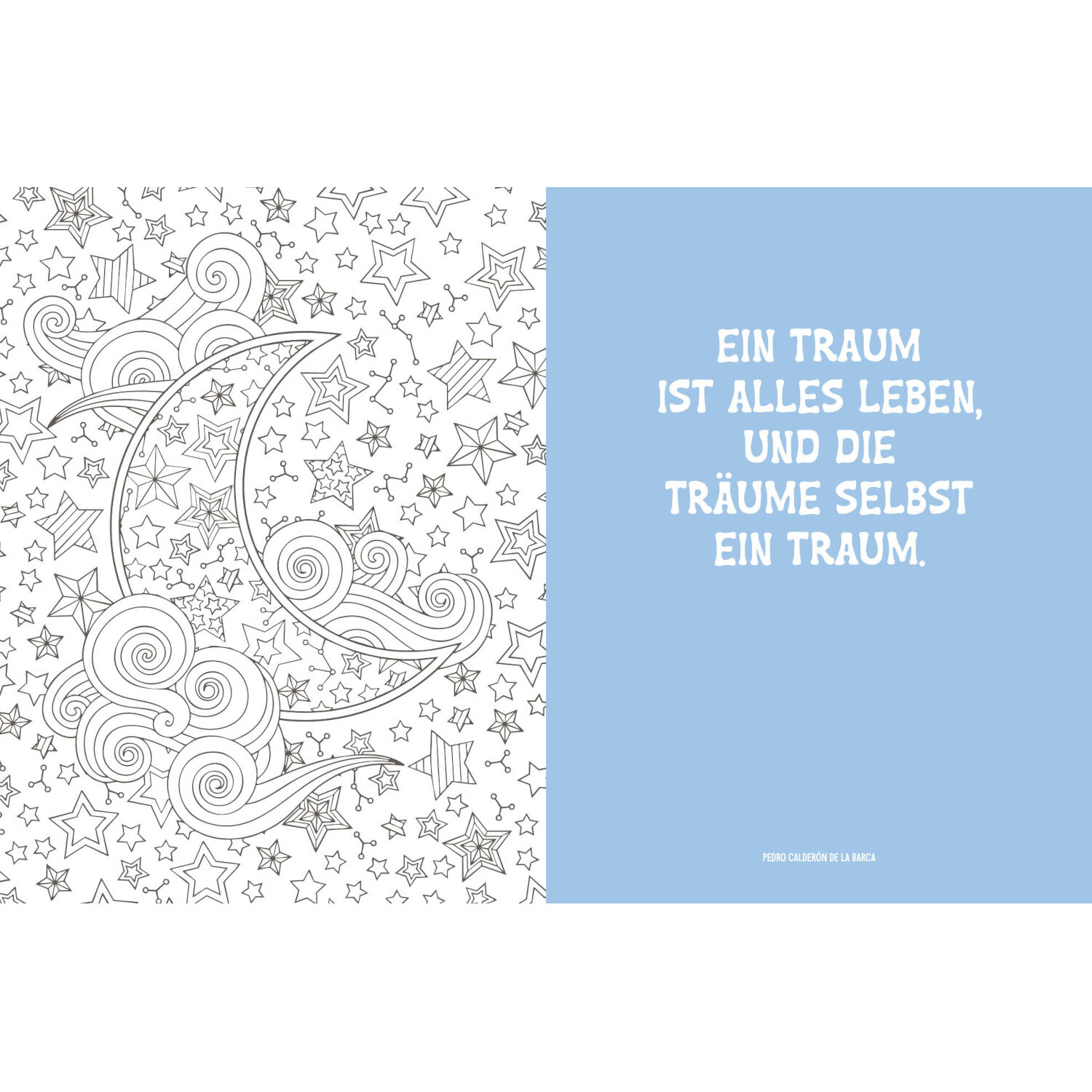 Colorful Mandala - Traumreise: Schwarz-weiße Mond- und Sternzeichnung mit blauem Zitatfeld.